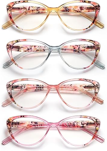HEEYYOK Paquete de 4 lentes de lectura con bloqueo de luz azul para mujer, lectores de computadora con bisagra de resorte, anteojos de ojo de gato