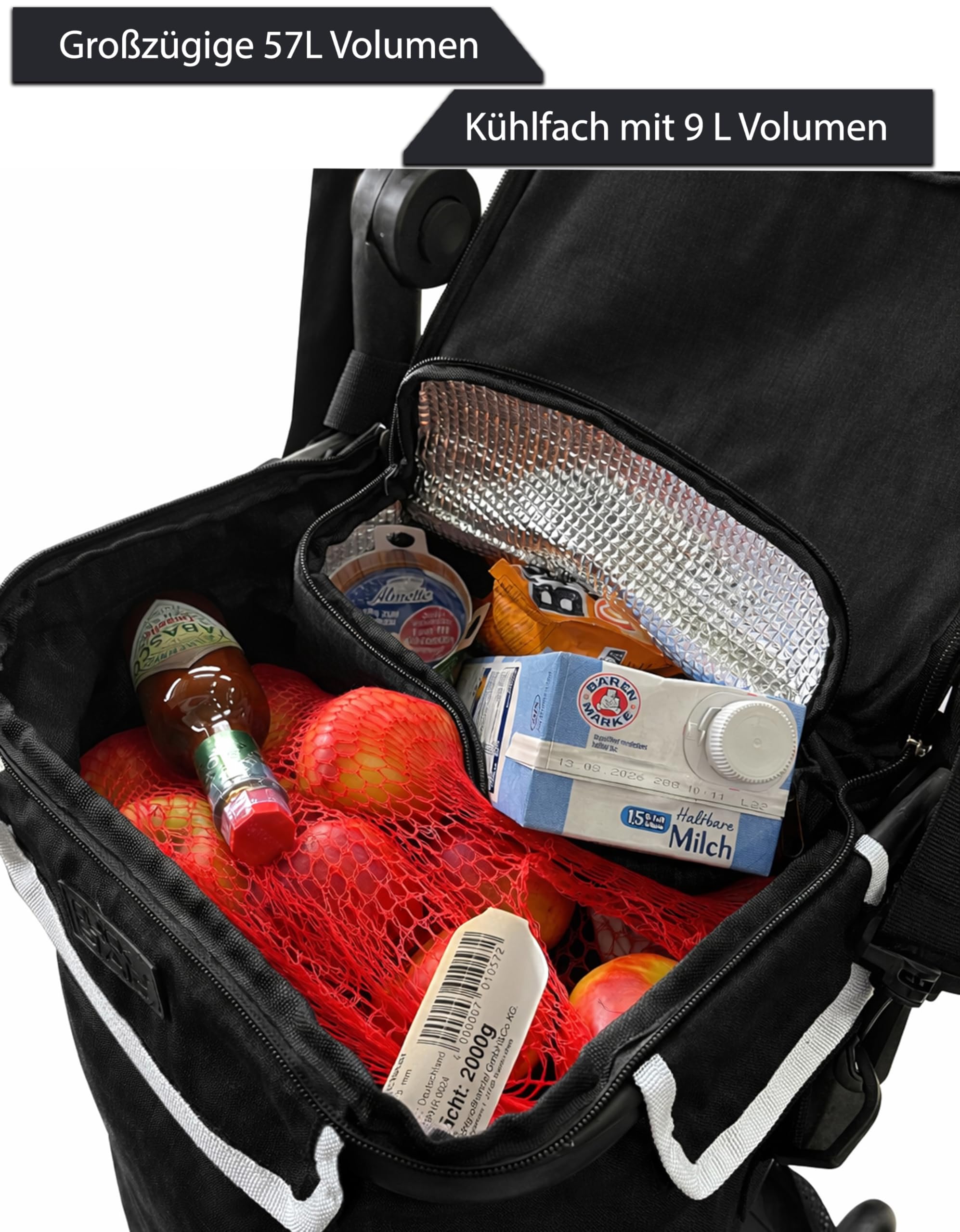 Trolley pieghevole in alluminio per la spesa, 57 l (48 l + scomparto frigo 9 l), nero, portata 30 kg, 35 x 45 x 98 cm, ruote Eva scorrevoli Ø 20,5 cm, pieghevole, utilizzabile come carrello e borsa a