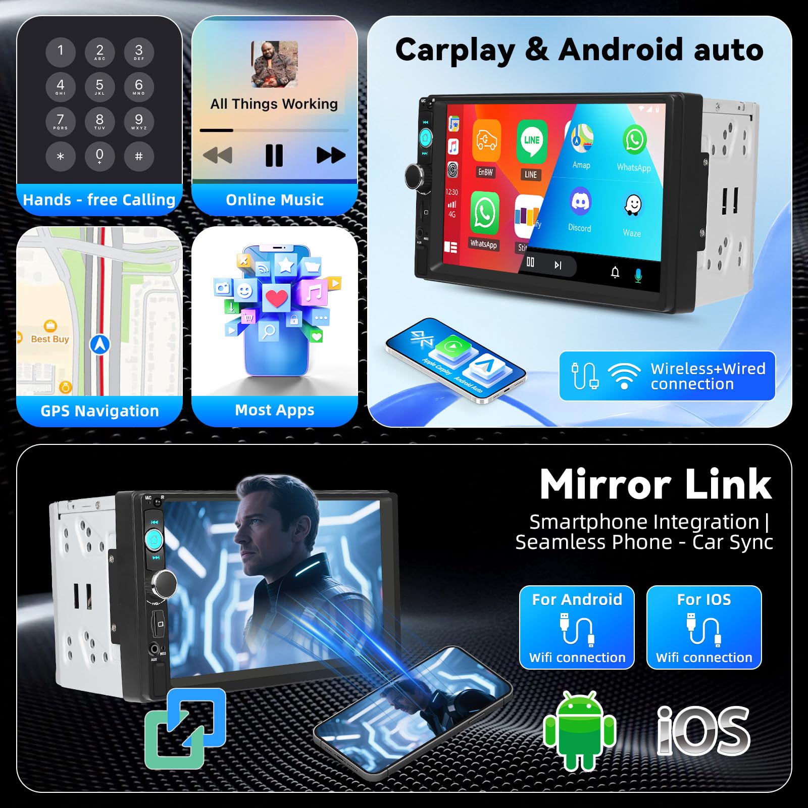 DAB+ Doppel Din Radio mit Wireless Carplay Android Auto Autoradio mit Bildschirm 7 Zoll CarPlay Android Auto Radio 2din Touch Display mit Bluetooth, EQ/FM, AUX/Mirror Link