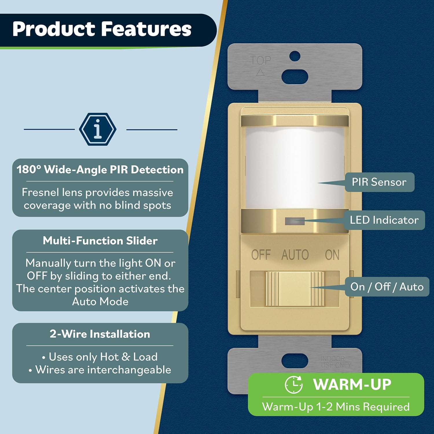 TOPGREENER Occupancy/Vacancy PIR Motion Sensor Light Switch, Learning Function, No Neutral No Ground Required, 200W Incandescent / 150W LED Load, UL Listed, Screwless Wall Plate, Gold, 2 Pack