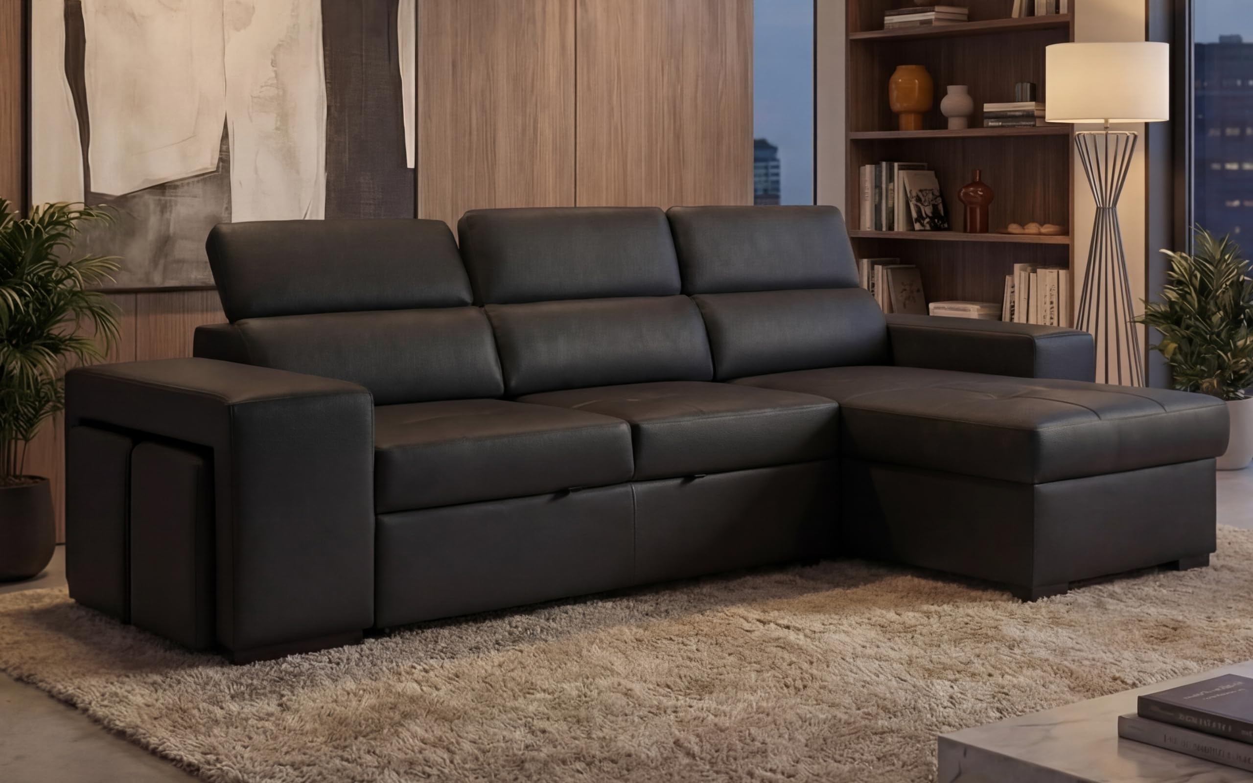 BUDWING John Sofá Cama Esquinero 4 Plazas - Chaise Longue Reversible, Reposacabezas Ajustable y 2 Pufs – Tapizado en Poliuretano – Estilo Moderno – 263x161x96 cm – Negro