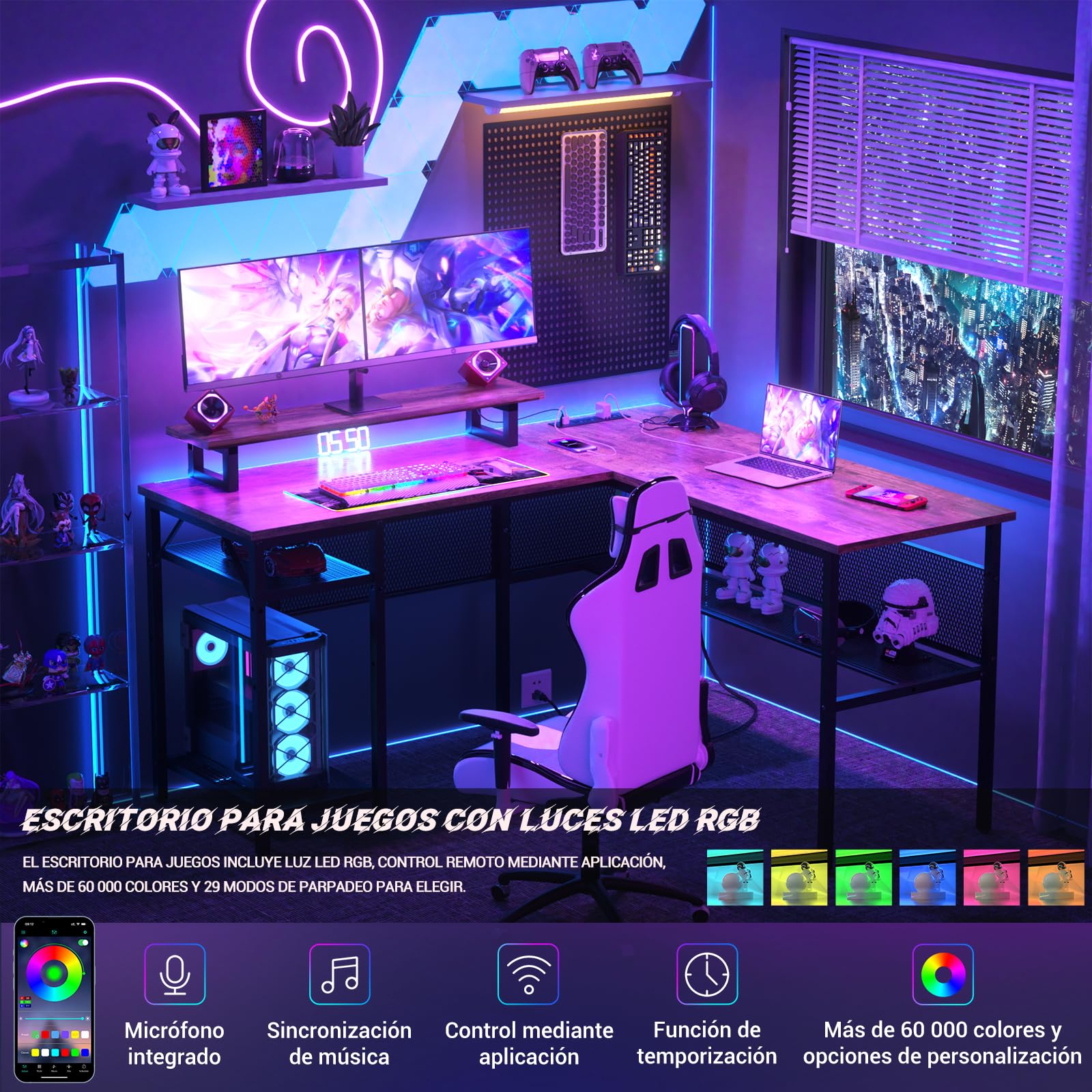 iSunirm Escritorio de Esquina Ordenador,140 x 116 x 76cm Escritorio en L con Enchufes y Puerto de Carga USB,Mesa en L con Estante para Monitor para Oficina en Casa,Marrón