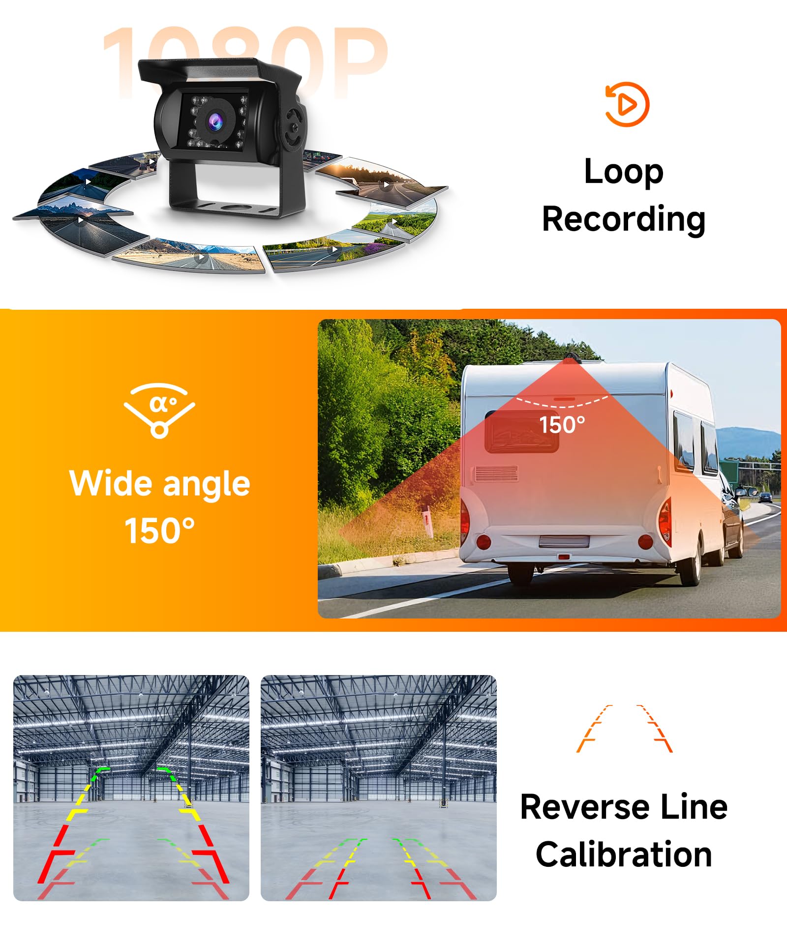 VECHTEL 4*Rückfahrkamera Kabel mit 9 Zoll IPS Monitor,Einparkhilfe,LED Rückfahrkamera Auto Nachtsich/IP68 Wasserdicht für SUV LKW Wohnmobil,DC 12–24 V,Loop-Aufnahme