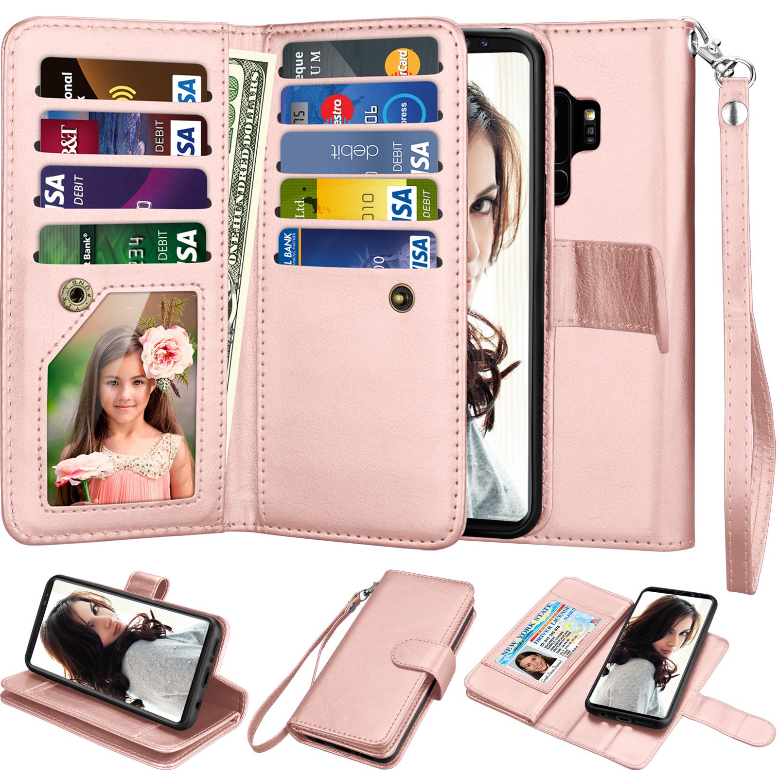 Njjex Galaxy S9 Plus Wallet Case, PU Leather [9 Card Slots] Credit Magnetic Folio Flip Cover [Detachable][Kickstand] Phone Case & Wrist Lanyard for