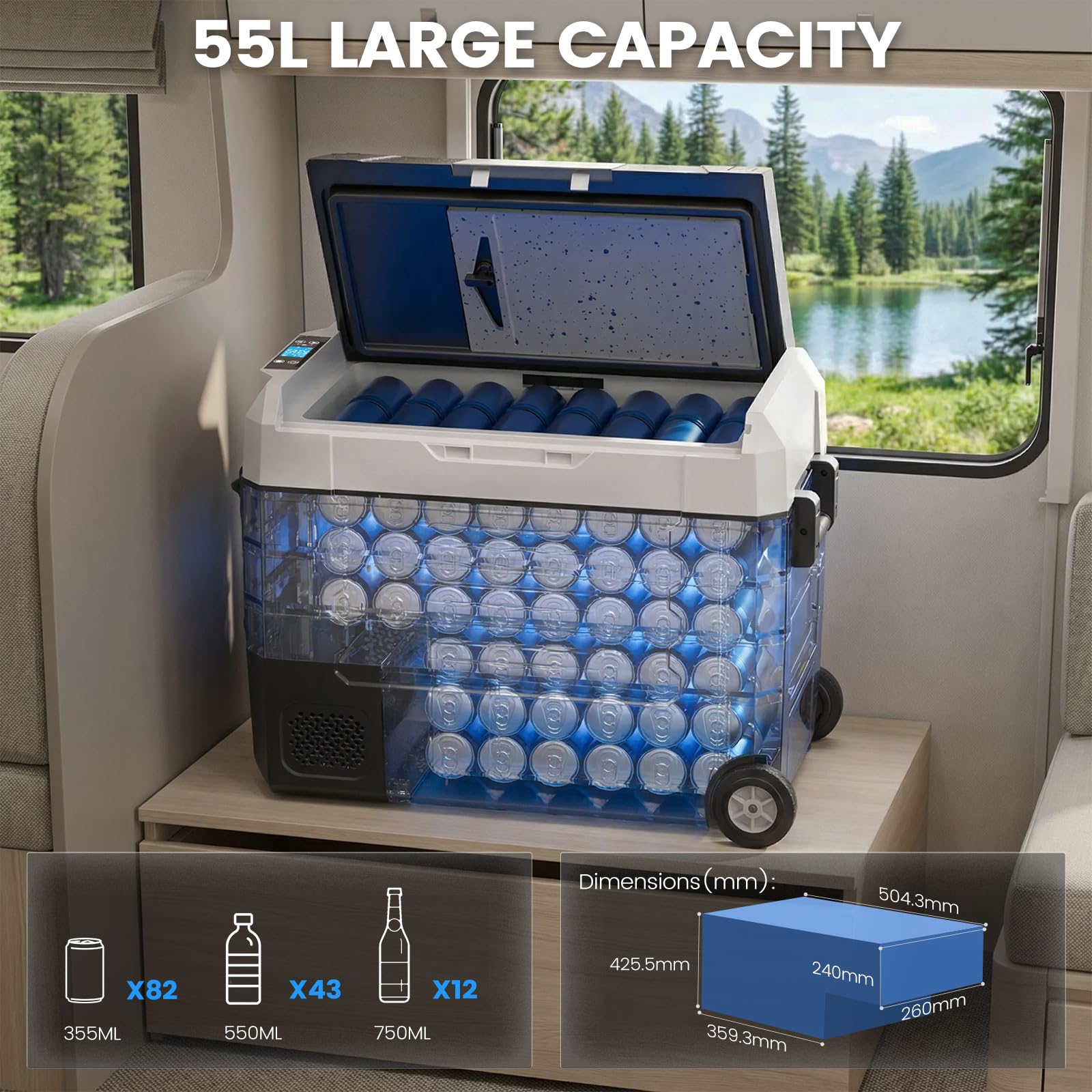 KROAK 55L Kompressor-Kühlbox mit Bluetooth-App, Dual-Zone (-20°C bis +20°C), elektrisch für 12V/24V/230V – mit Rollen, Trennwand & Schneidebrett – ideal für Camping, Auto, LKW, Wohnmobil