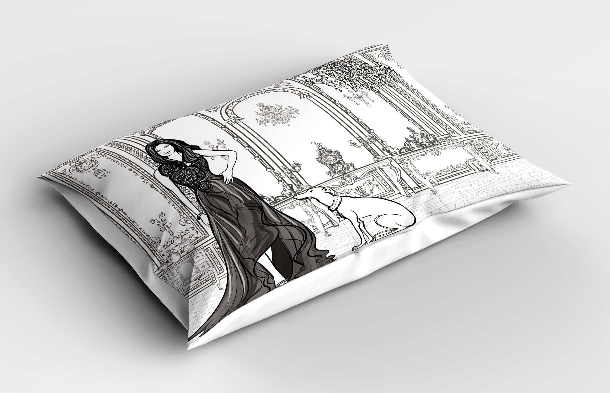 Ambesonne Teen Room Pillow Sham, Fashion Woman in Victorian Palace with Dog Baroque Illustration Print, Decorative Standard Size Printed Pillowcase, 26