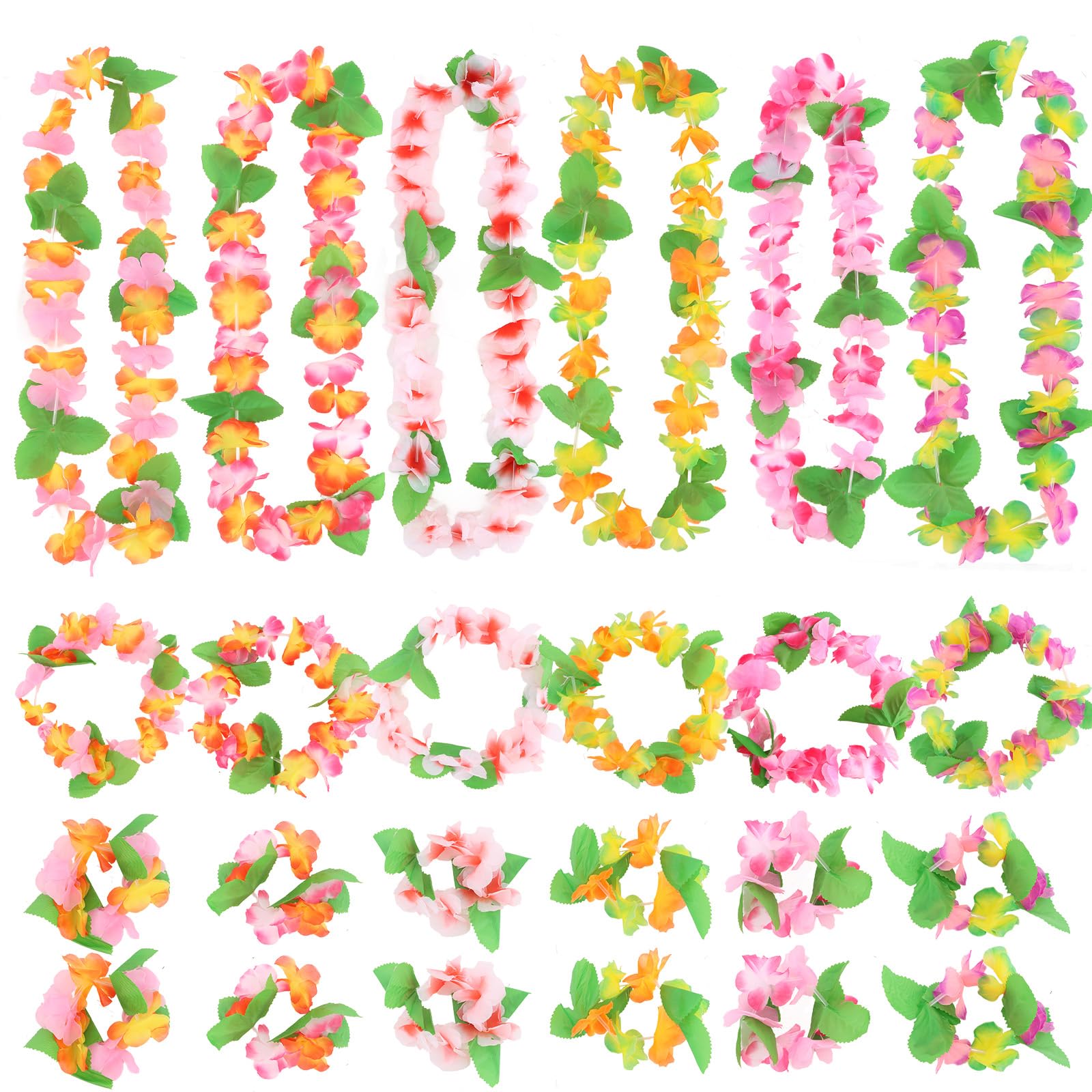 KIUEZIR 6 Sets Hawaiian Lei Party Favours - Vibrant Tropical Flower Necklaces, Floral Headbands & Wristbands for Summer BBQ, Beach Themed Events & Luau Pool Parties (Assorted Multi-colour Garlands)
