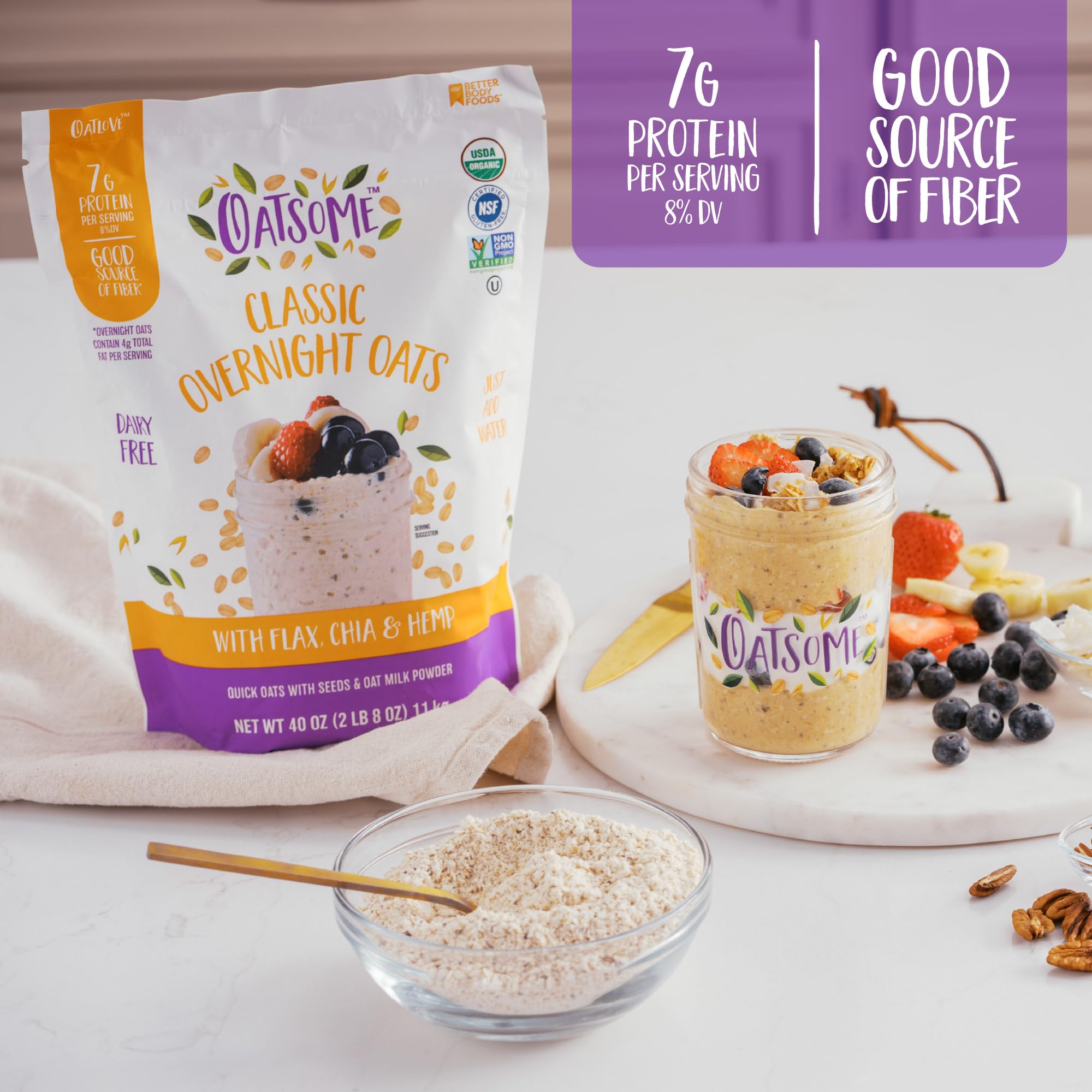 Oatsome Organiczne płatki owsiane na noc z chią, lnem i konopiami, bezglutenowe płatki owsiane z 7 g białka, worek 1,1 kg