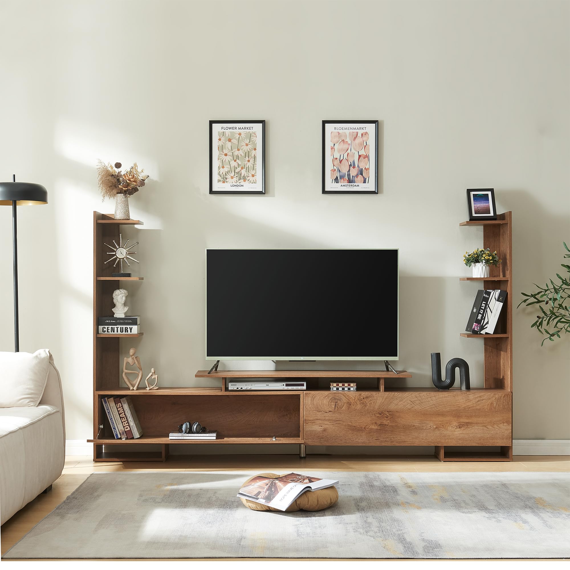 [en.casa] Mobile Porta TV con 6 Ripiani Laterali Stand Multimediale a 2 Vani Chiusi con Ante a Ribalta Scomparto Aperto 233x31x141 cm Soggiorno - Effetto Noce