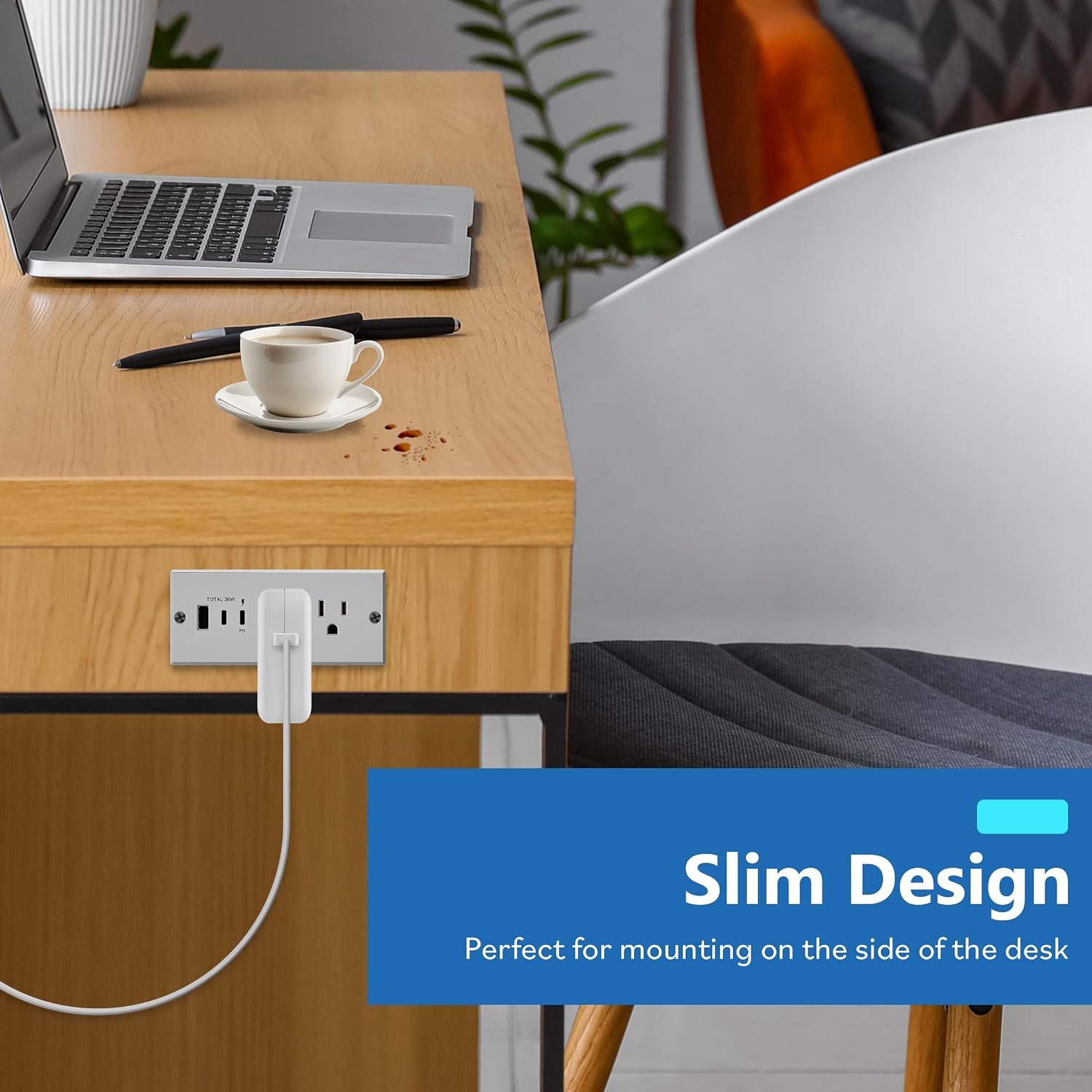 LIDER PD 36W Recessed Outlet Station with USB-A and USB-C Ports, Desktop Power Grommet, Power Delivery, Tamper-Resistant Receptacles, Power Strip for Desks and Cabinet, White, 6.5ft Cord, ETL Listed