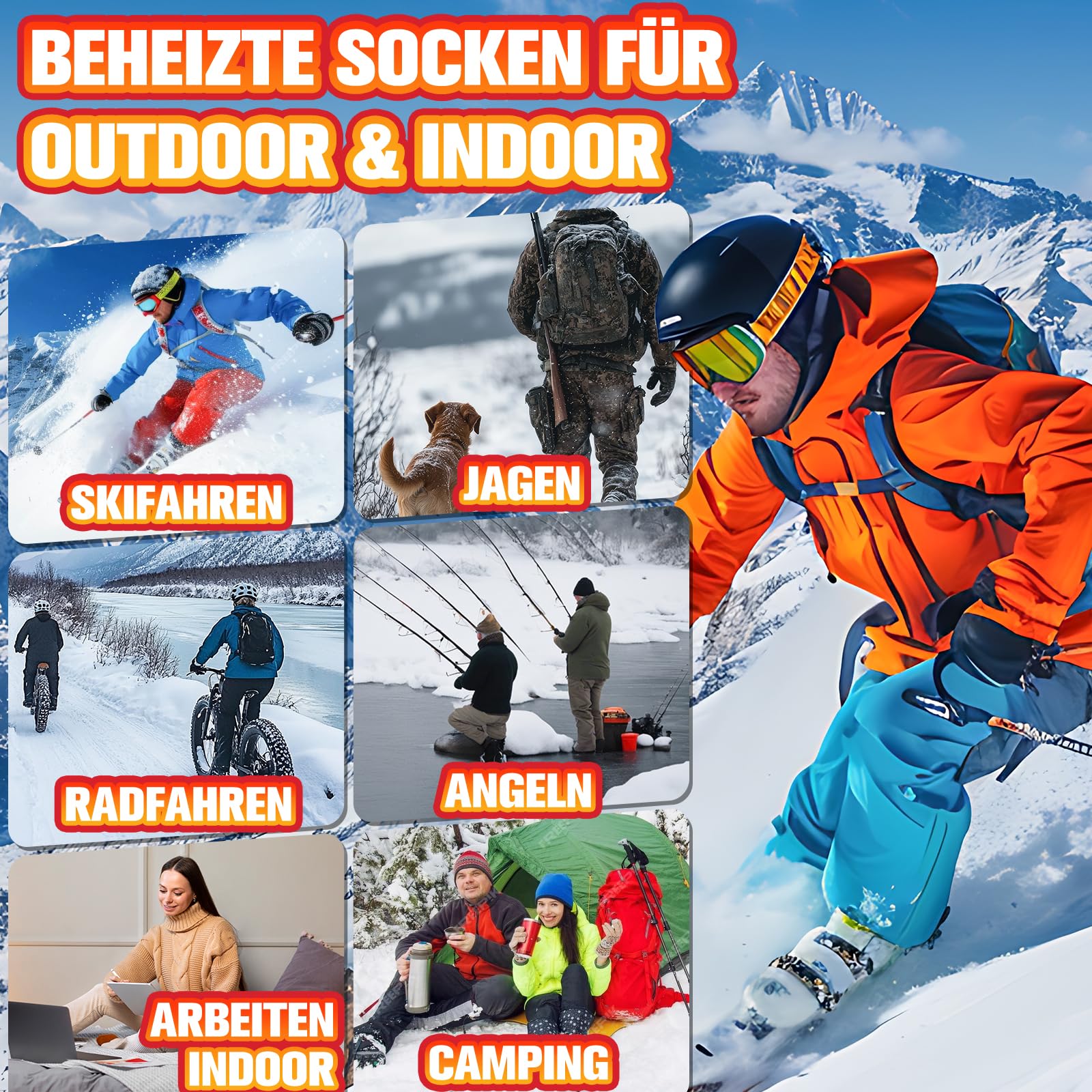 Multper Beheizbare Socken Damen Herren, 5V 5000mAh Wiederaufladbare Heizsocken, 3 Heizstufen Beheizte Socken, Fußwärmer Warme Socken für Outdoor Skifahren Radfahren Winter Camping Wandern