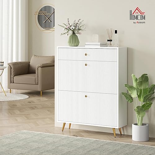 Miniatura 2 de HOMCOM Armario estrecho para zapatos con 2 cajones abatibles, moderno armario de almacenamiento de zapatos con paneles ondulados y estantes