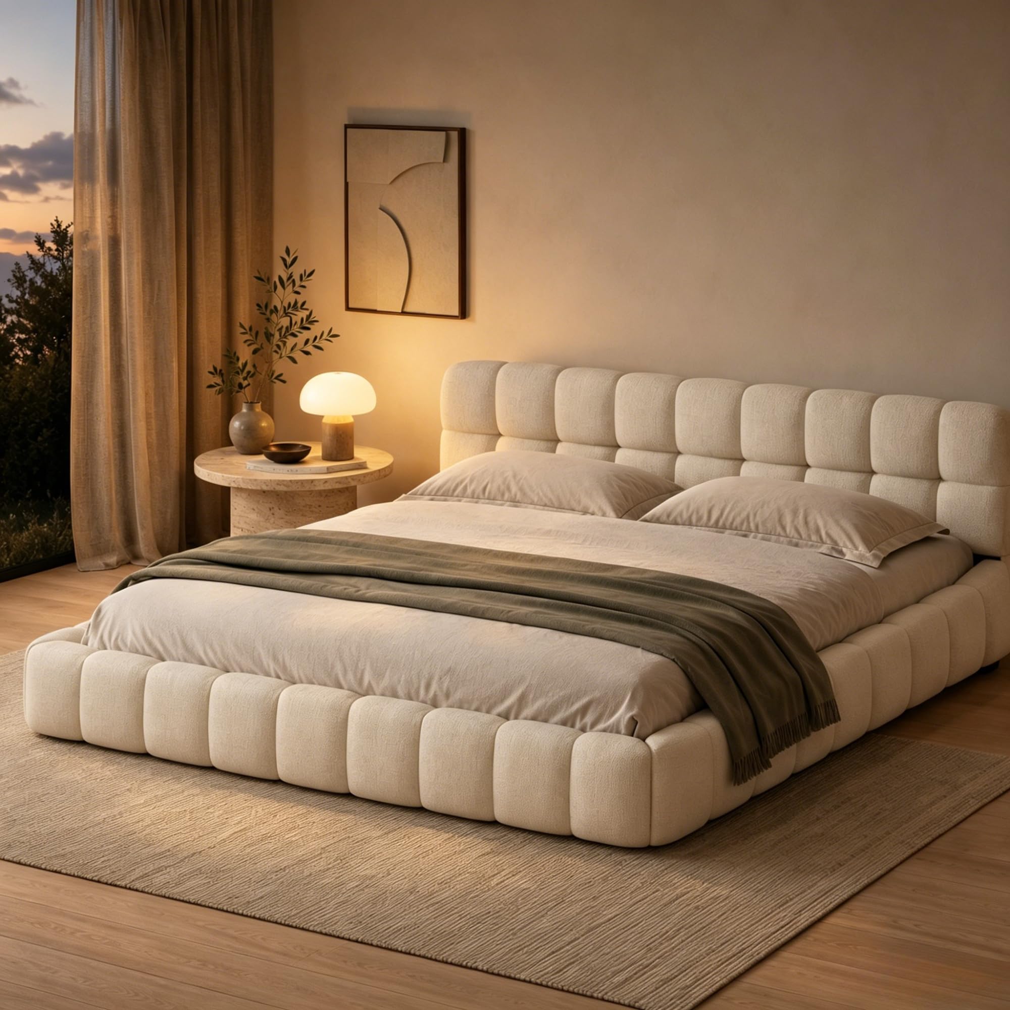 Cama tapizada Bubble de matrimonio (160 x 200 cm, incluye somier y respaldo suave), cama baja para jóvenes, estructura de cama de lino, sin colchón (Beige, 160 * 200)