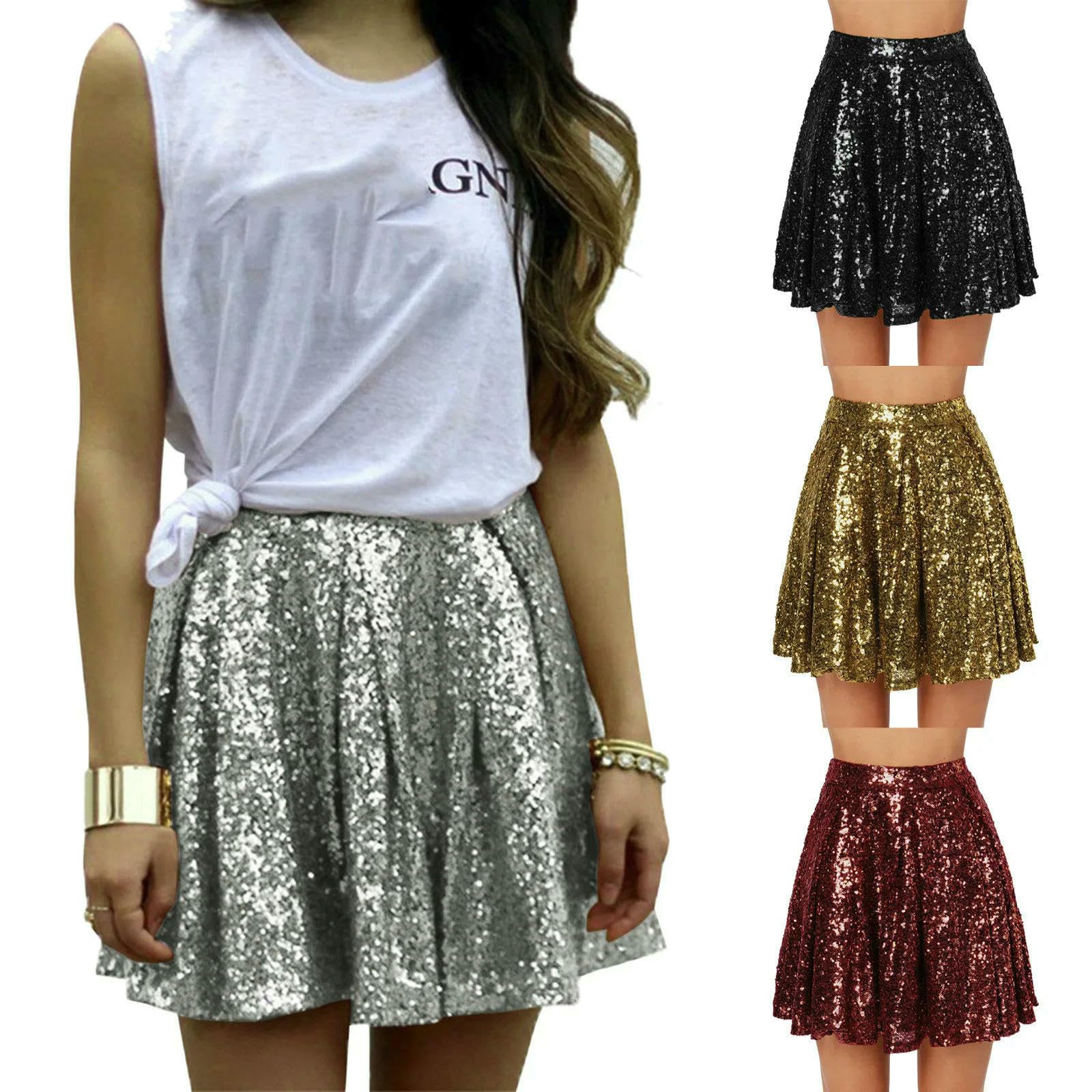 Gonna Gonne da Donna Mini Gonna A Pieghe in Piega da Donna con Paillettes Scintillanti Scintillanti Gonfie-Oro-s