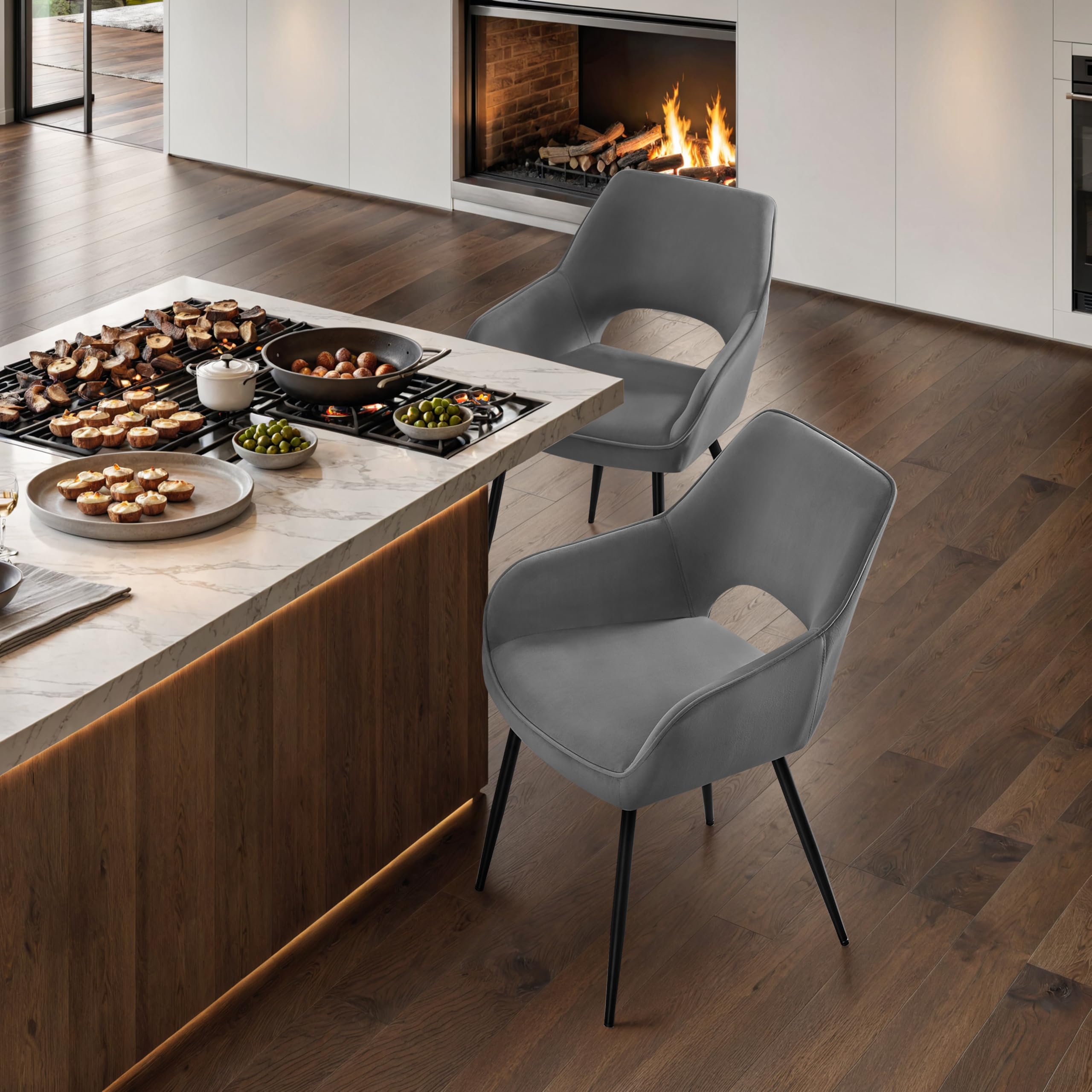 STOOLINK Sillas Comedor Juego de 4, Silla de Comedor de Terciopelo, Silla de Cocina de Diseño Moderno con Reposabrazos, Silla de Tapizadas con Respaldo Recortado para Cocina, Salón - Gris