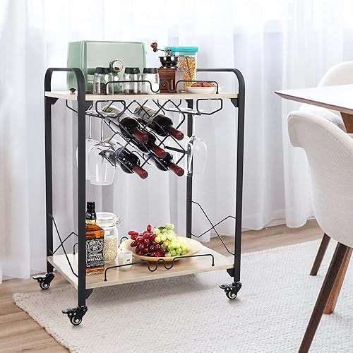 Miniatura 10 de Jubao Bar Carts for The Home, 2-Tier Mobile Bar Serving Cart with Wine Racks and Glasses Holders, Wine Cart on Wheels, Beverage Small Bar Cart for