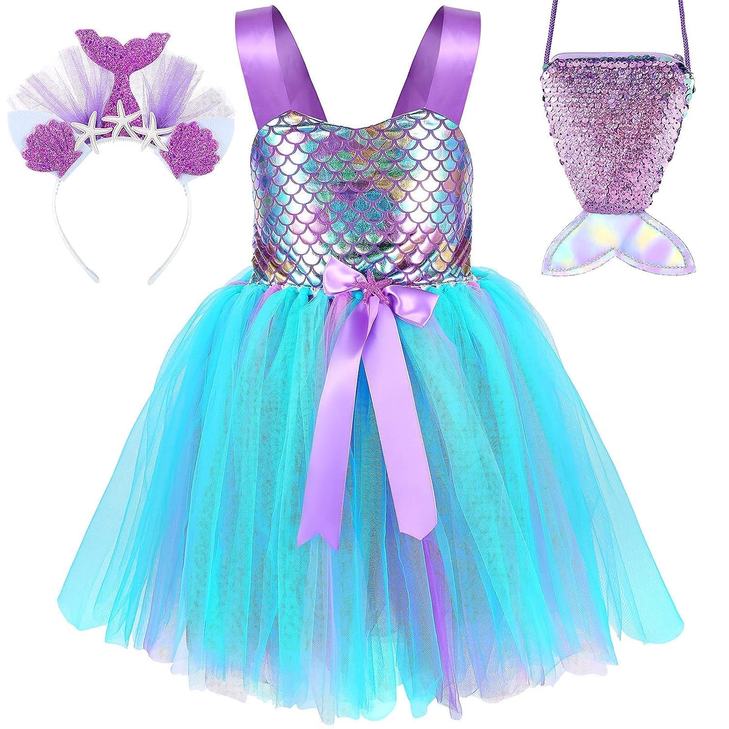 Mermaid Tutu Dress for Girls, Kids Mermaid Costume Outfits with Headband and Bag, Princess Dress Up Sequined Mesh Skirt for Birthday Party, Prom, Gift (M)