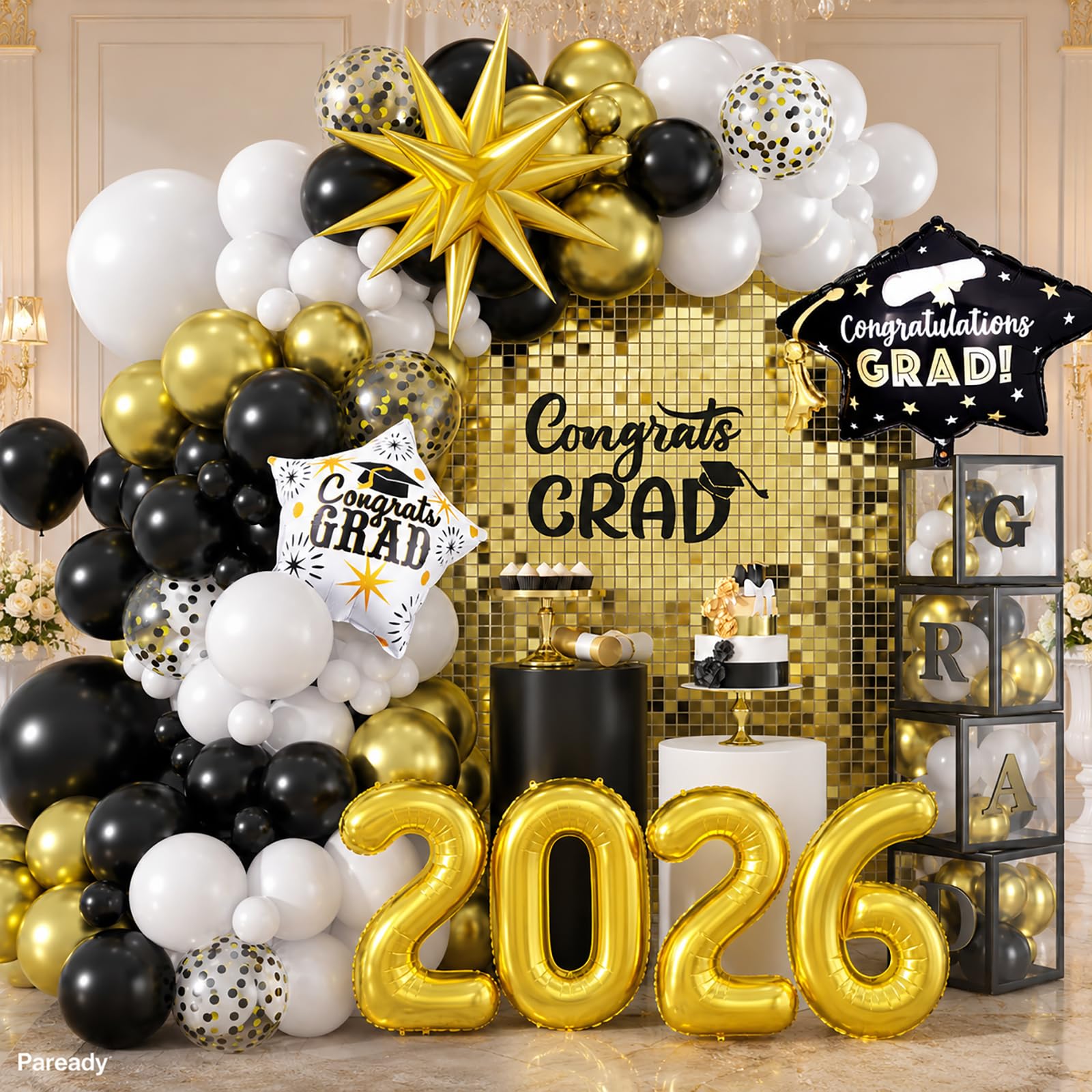 Graduation Balloon Arch Kit 2026, 120Pcs Black and Gold Grad Balloon Arch, Black Gold Confetti Metallic Balloons 2026 Star Grad Hat Foil Balloons for