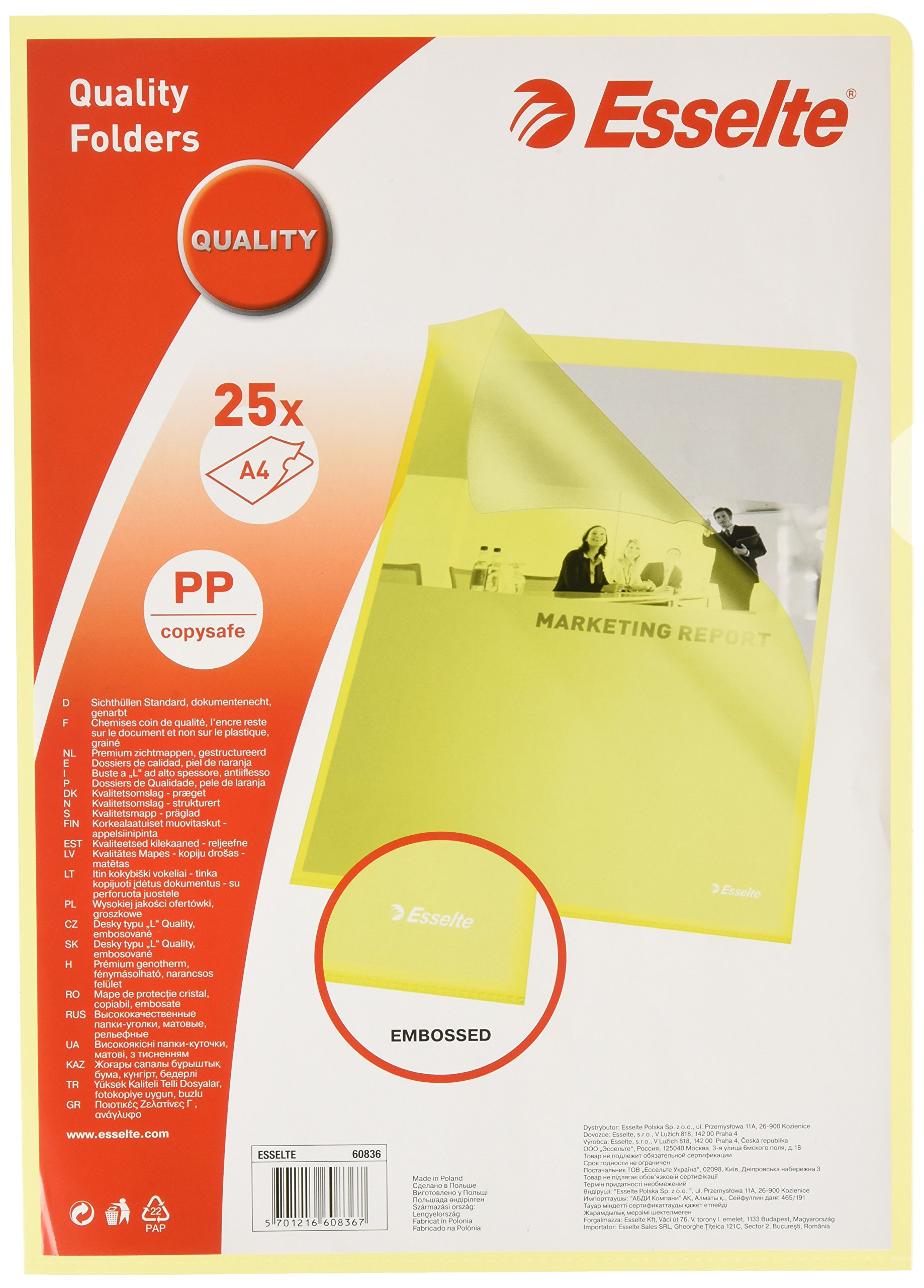 Esselte Quality Folder, Pack of 25, Holds up to 20 A4 sheets, Transparent, Matte, Yellow, 115 Micron PP Material, 60836