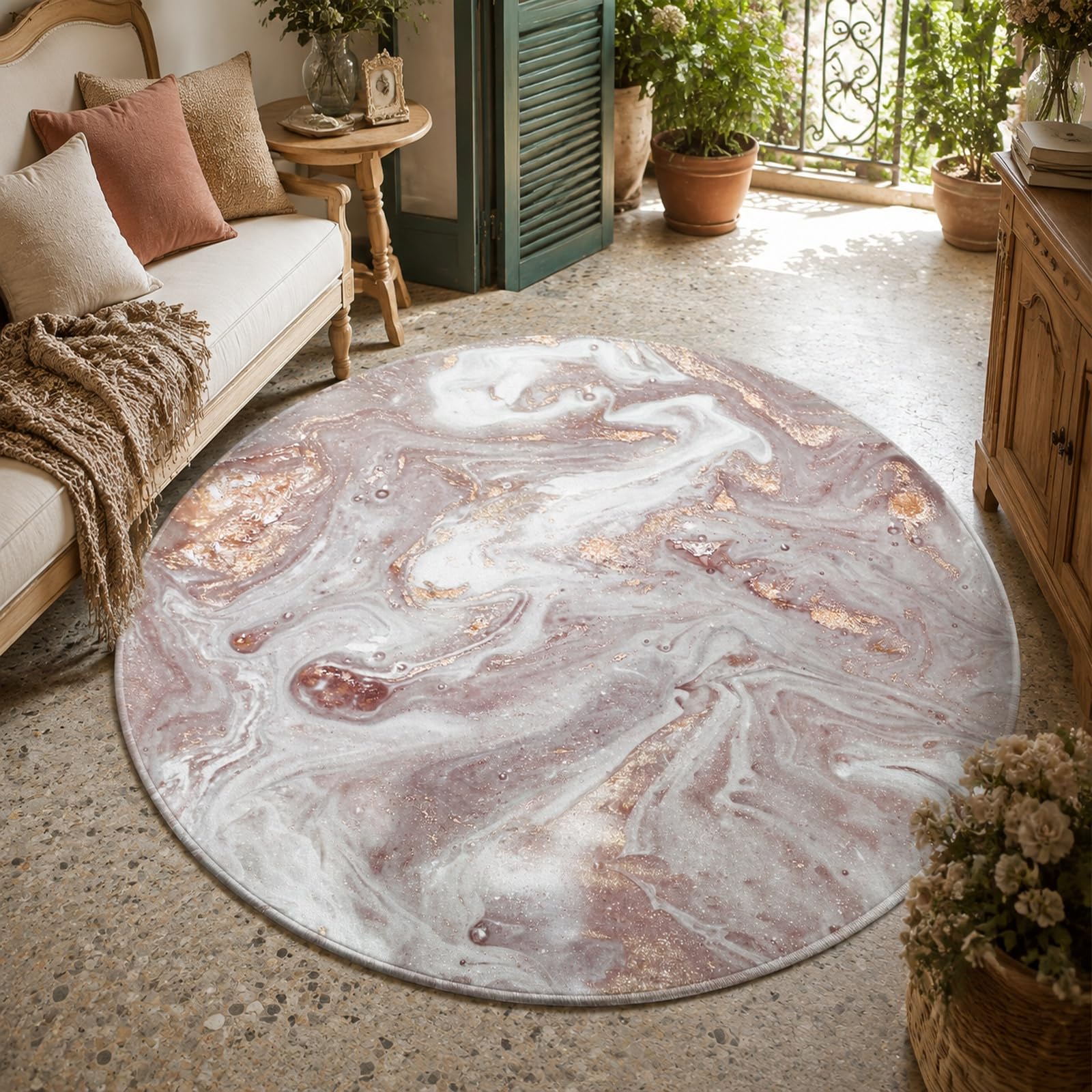 Tapis rond lavable déco chambre et tableau abstrait moderne violet 90 cm