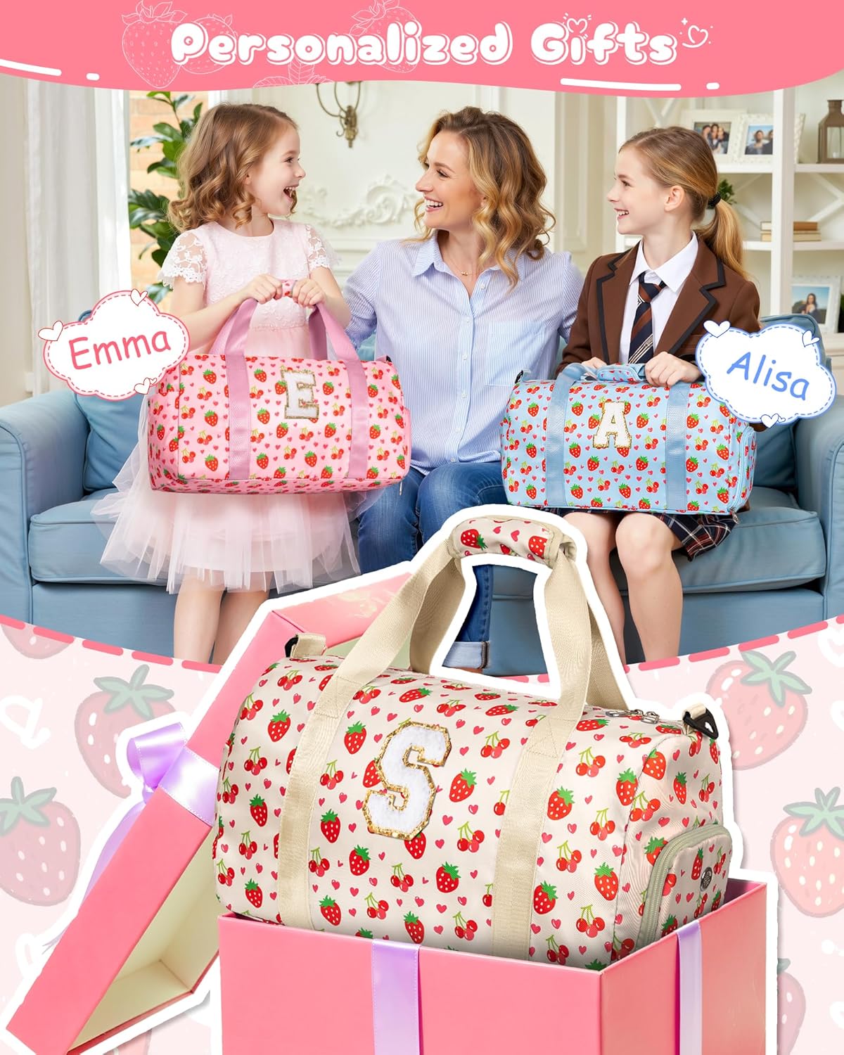 Elilier Kids Duffle Bag, Birthday Gifts for 4 5 6 7 8 9 10 11 12 13 Year Old Girls, Cute Dance Bag for Girls, Overnight Sleepover Gym Bag with Shoe Compartment