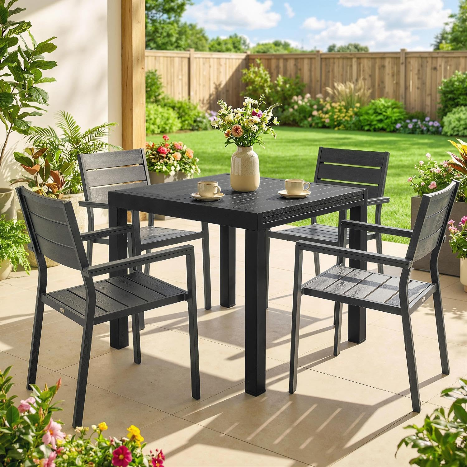 Tavolo da Esterno Giardino, Allungabile, Quadrato, in Alluminio, 80-160x80x75 cm, Nero