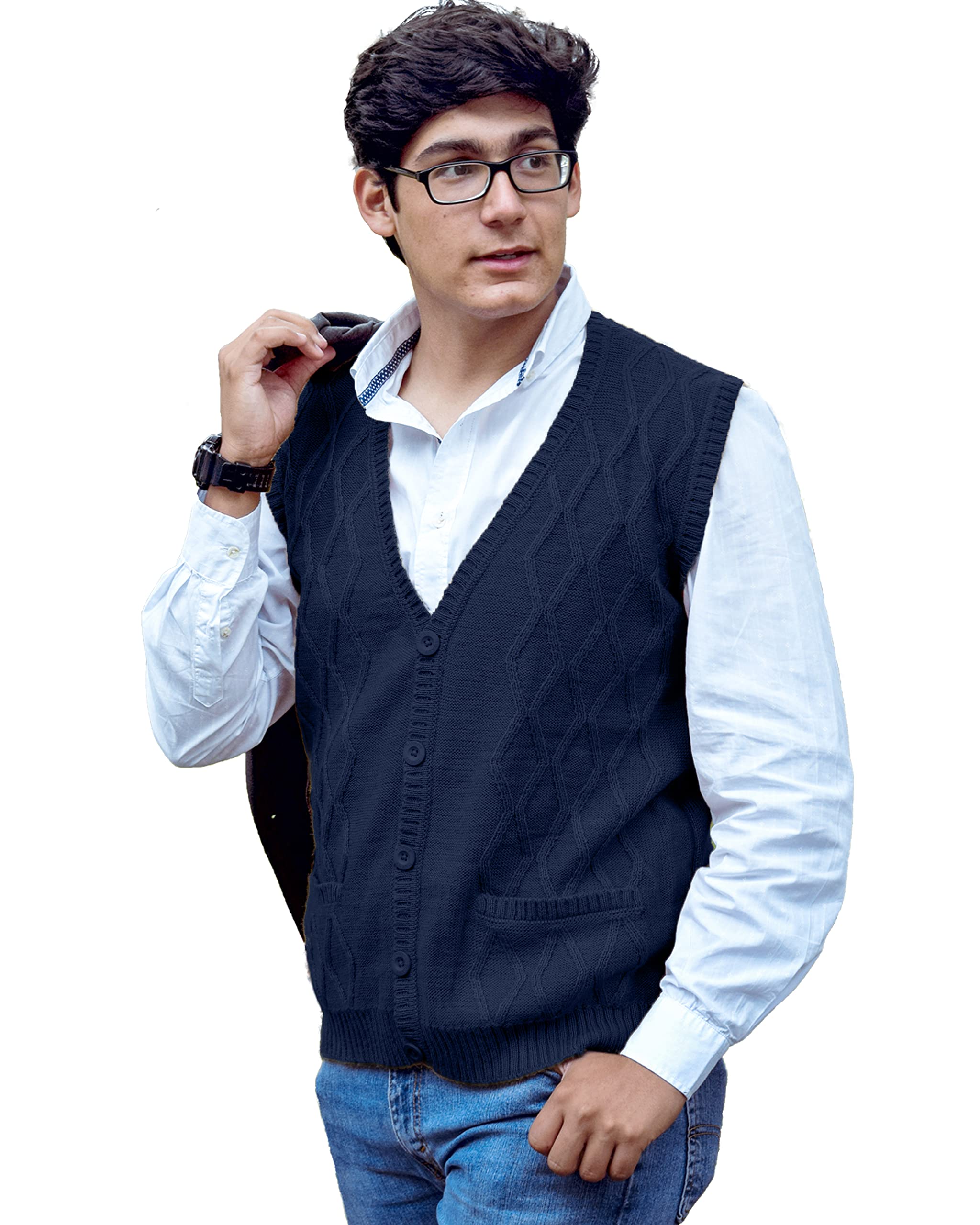 TINKUY Peru Men’s Alpaca Wool V Neck Argyle Cardigan Vest