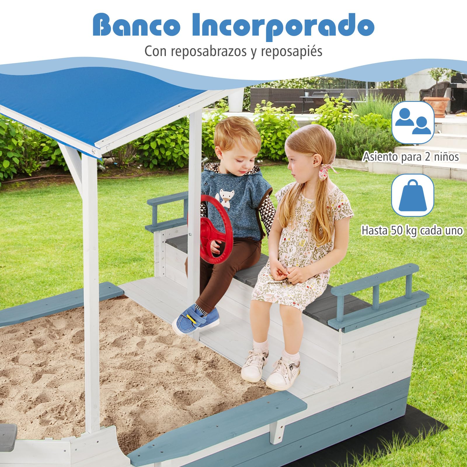 COSTWAY Arenero Infantil de Madera de Abeto con Toldo, Caja de Arena con Bandera, Timón, Asientos de Banco y Compartimentos de Almacenaje para Patio, Arenero para Niños al Aire Libre