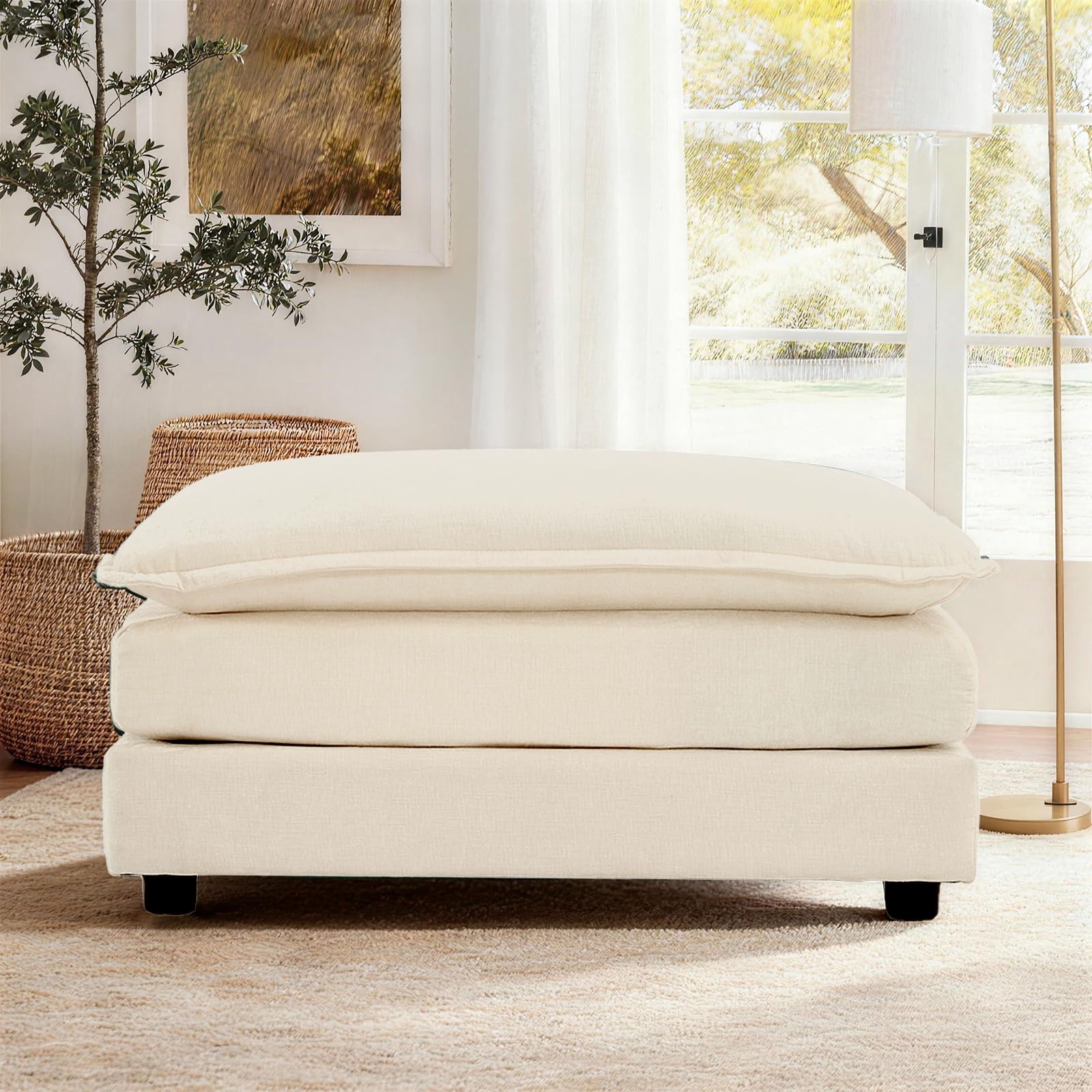 Puff chenilla beige con cojines dobles, accesorio para sillón individual | Tejido suave, resistente y transpirable, incluye cojines y reposabrazos. Ideal para salón, dormitorio y apartamento.