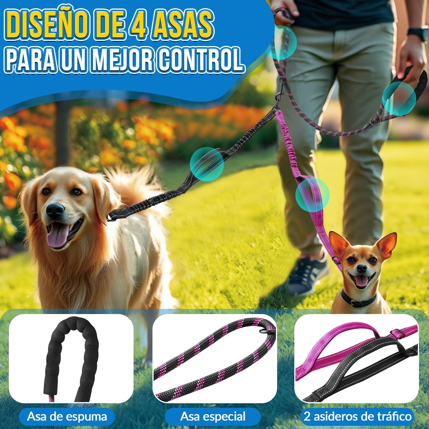 SlowTon Correa Doble para Dos Perros Pequeños, Correa Dual Antienredo con Giro de 360° y 4 Asas, Súper Ligera para Cachorros de hasta 20 Libras, Correa Reflectante Ajustable con Amortiguador de