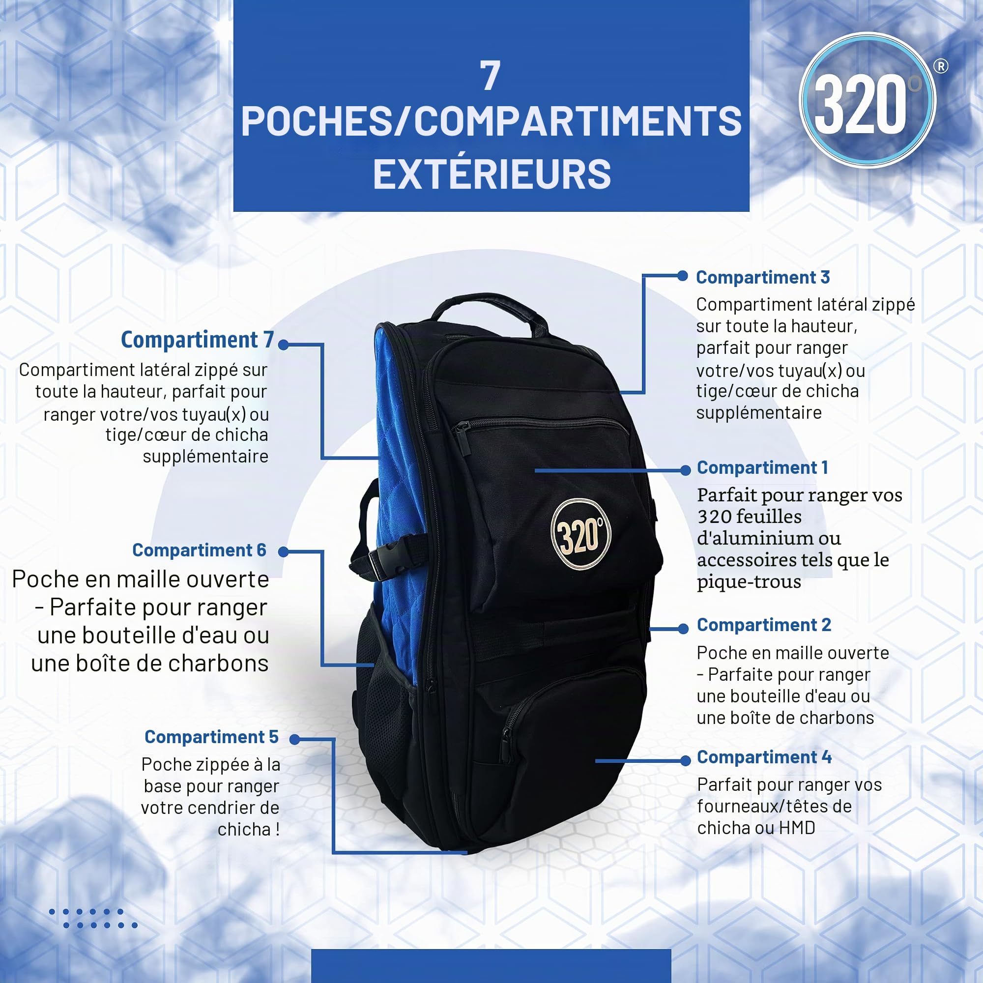 Grand sac de transport pour chicha narguilé Sac de transport Sac à dos de transport 14 compartiments Noir et bleu Sac de voyage, noir/bleu, Sac de voyage