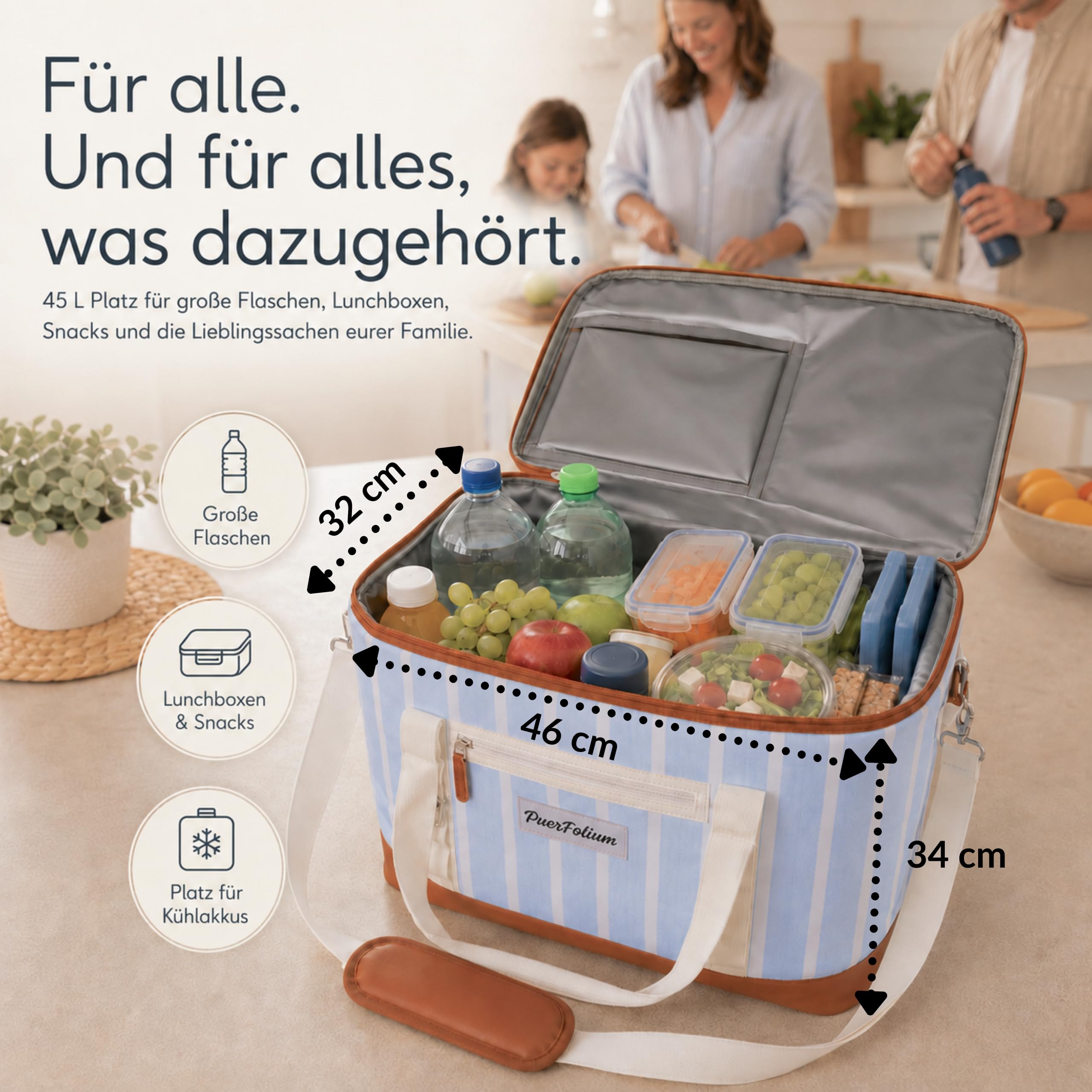 Borsa frigo grande, 45 l, XXL, borsa frigo per picnic, shopping, spiaggia, auto, campeggio, outdoor, viaggi, borsa termica passiva, borsa termica con patta superiore, pieghevole, stile