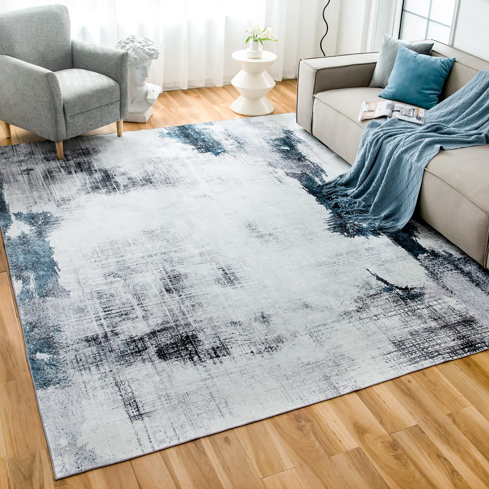 OIGAEWashable Rug 5'x 7', Abstract Modern Area Rugs with Non-Slip Backing, Non-Shedding Floor Mat Throw Carpet for Living Room Bedroom Kitchen Laundry Home Office, White/Blue