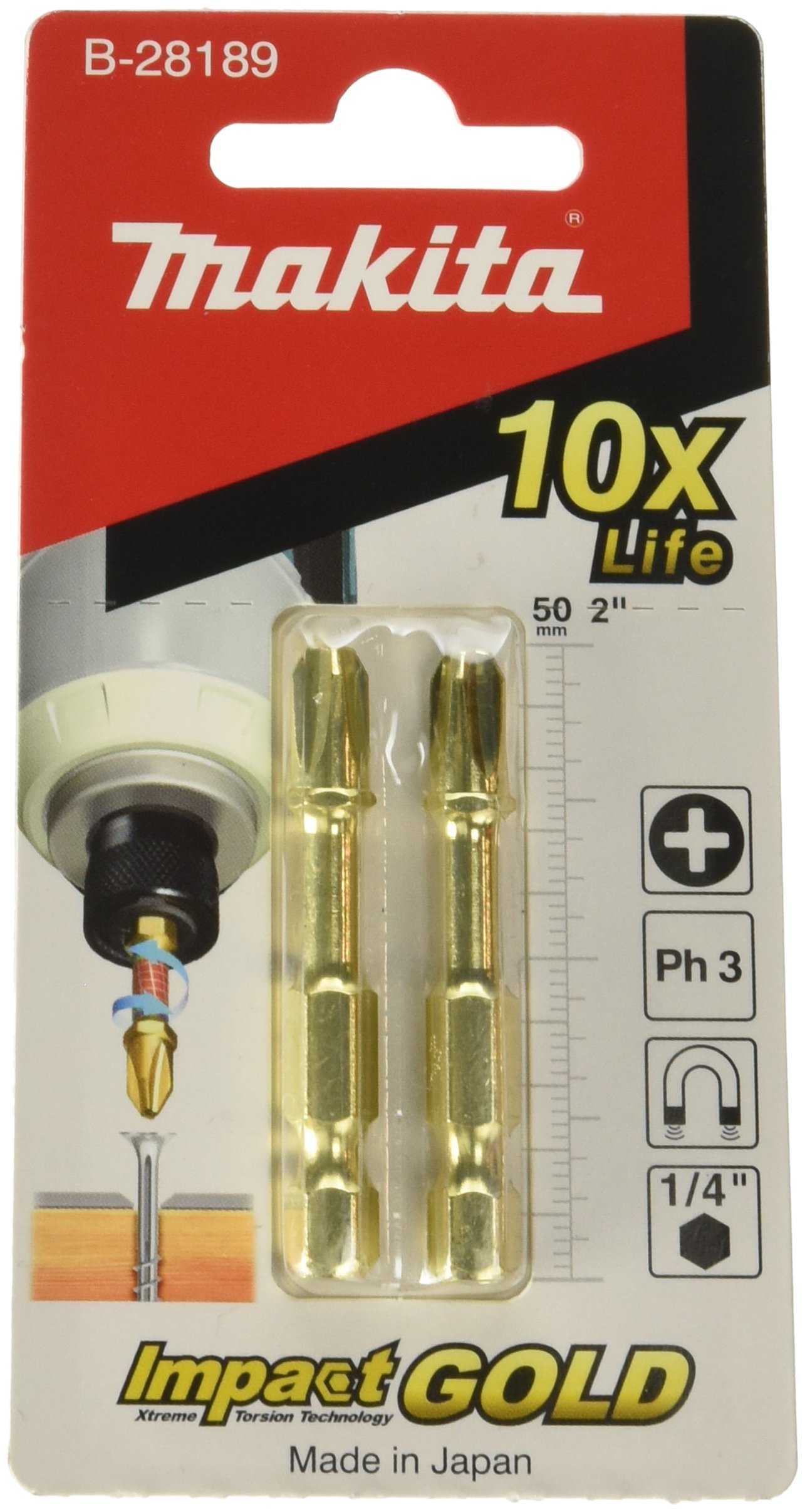 Makita Multi-Colour B-28189 Impact Gold Torsion Bits, 50Mm