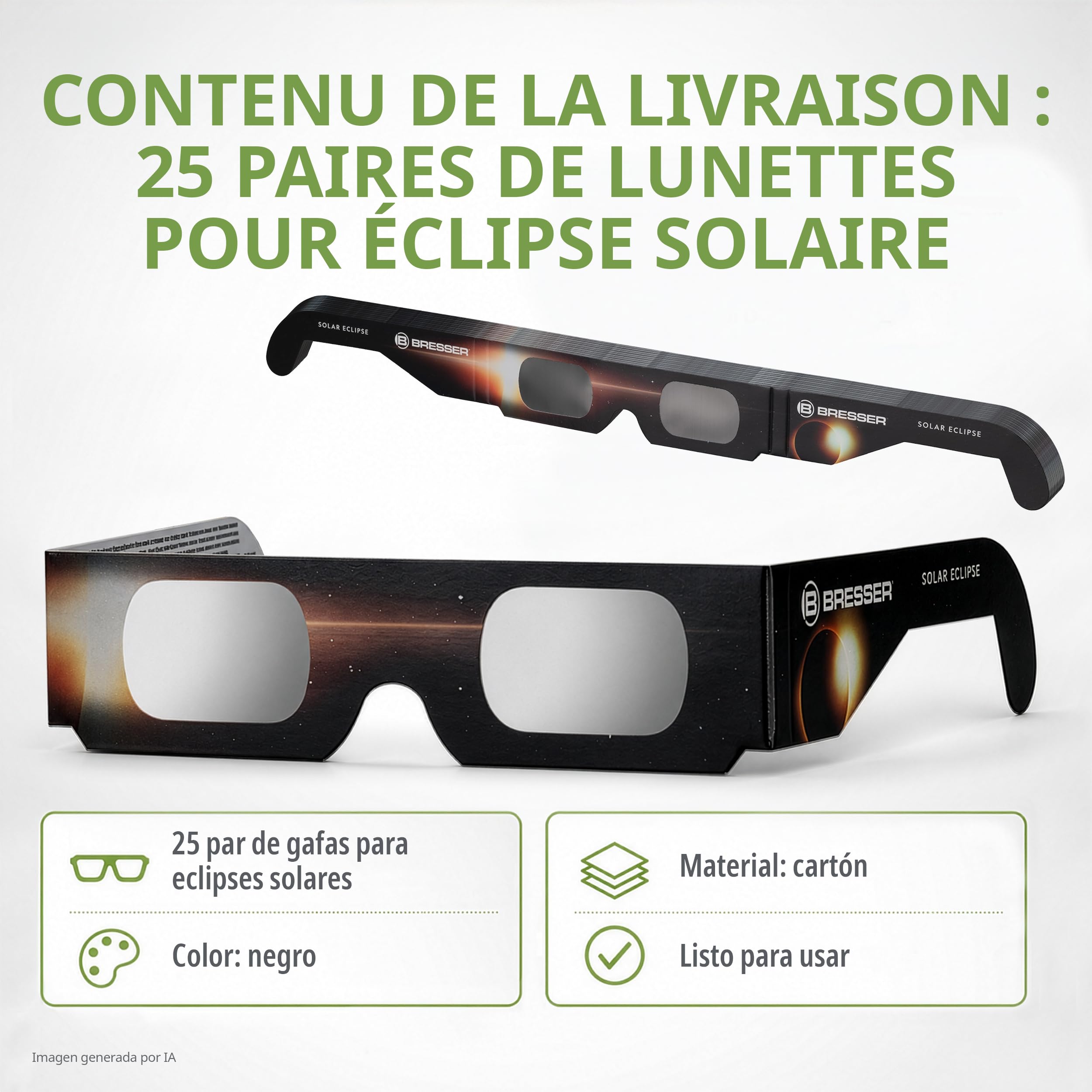 Bresser Gafas Eclipse Solar 25 Unidades, Observación Solar Segura, EN ISO 12312 2:2015, Imagen Amarillo Claro, Diseño B