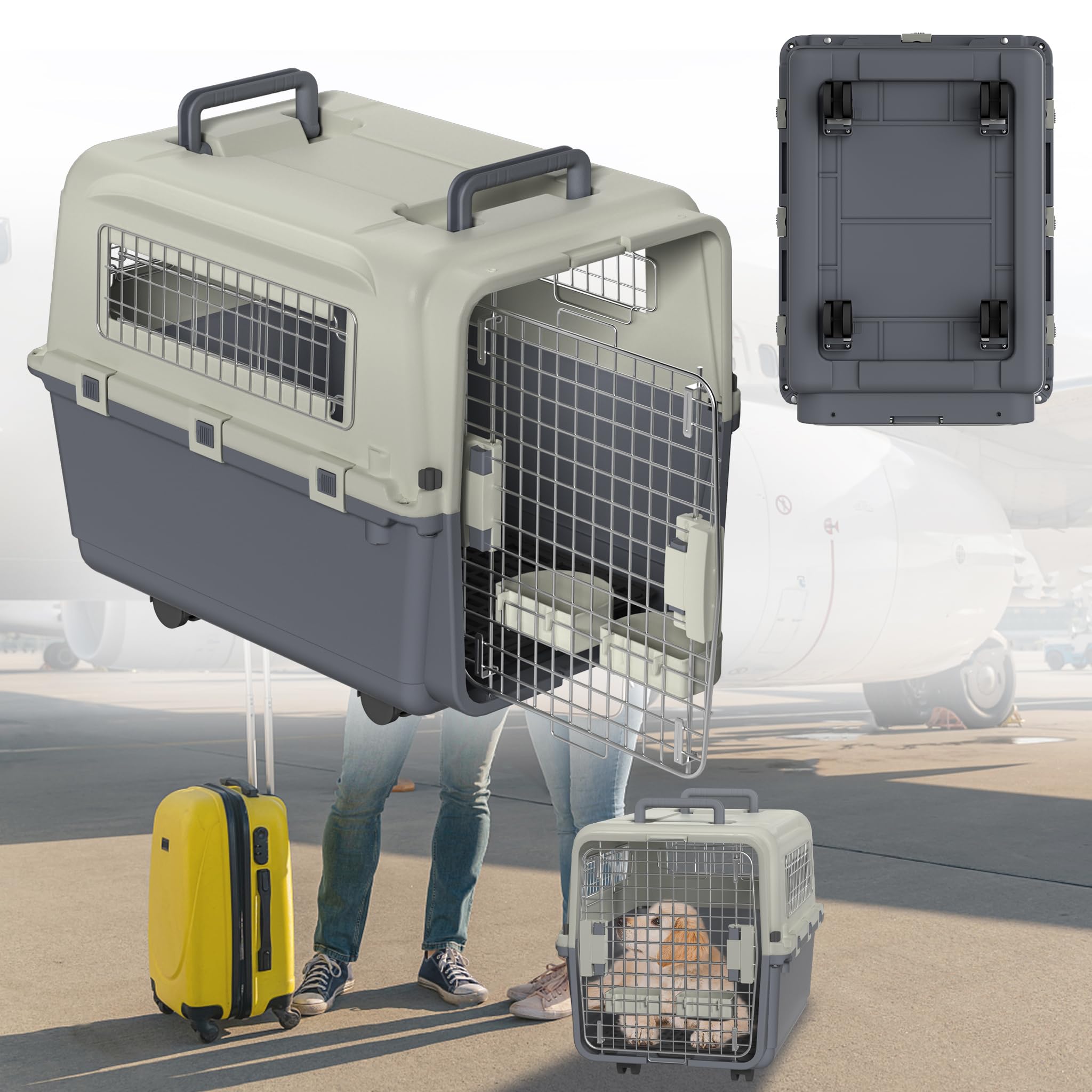 Trasportino per cani con ruote di trasporto, trasportino per gatti, in plastica, con porta di ventilazione, grande trasportino per cani (67 x 51 x 58,5 cm)
