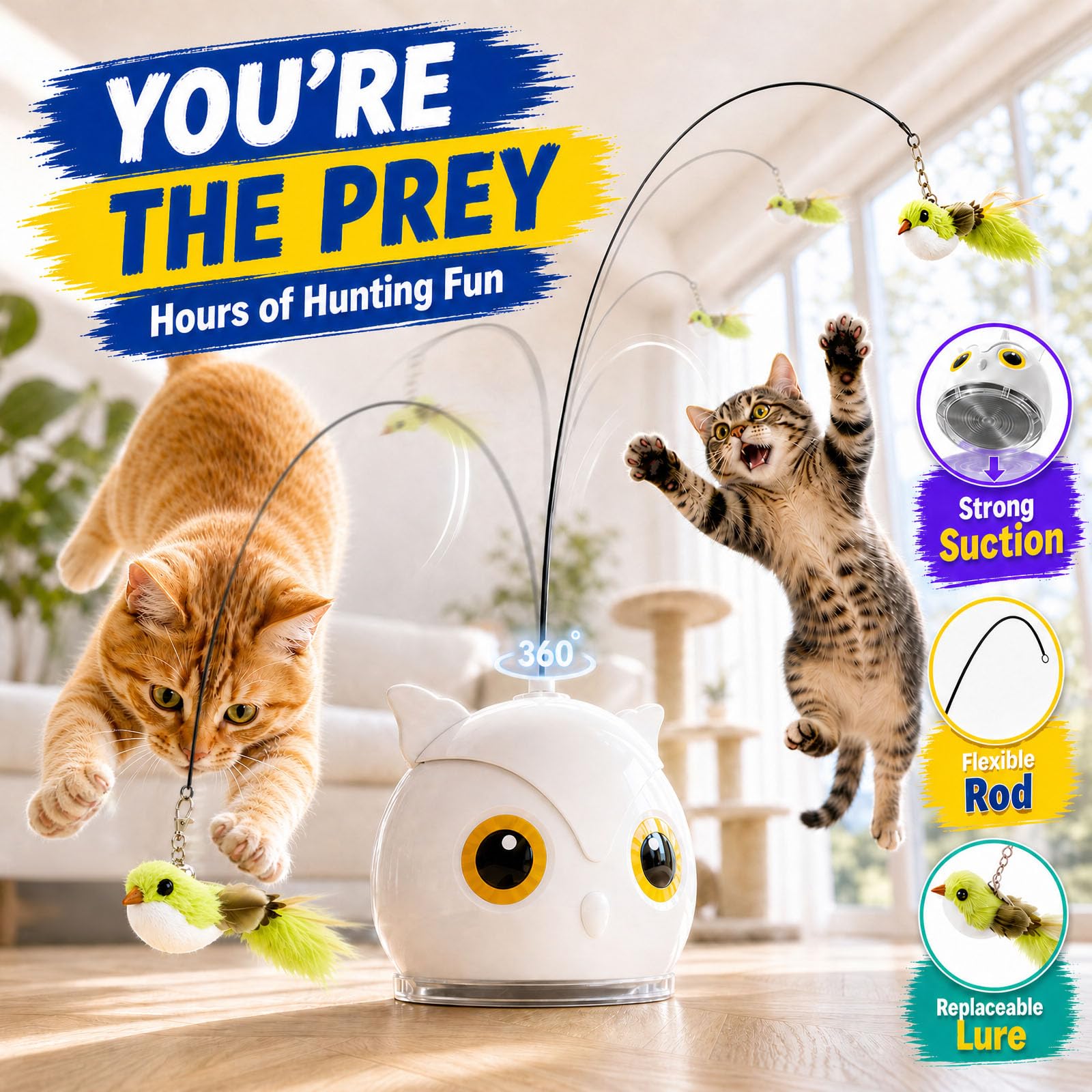 Jouets interactifs pour chats d'intérieur – Jouet automatique en plumes d'oiseau volant avec base d'aspiration adhésive, rechargeable par USB à 360 °, jouet auto-jeu pour chats ennuyeux