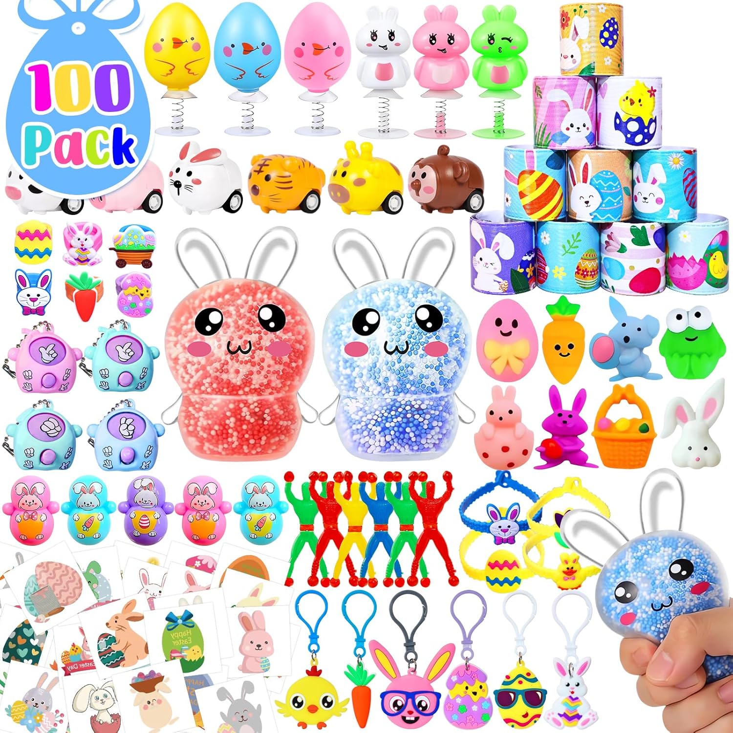 Adisher 100 Pack Easter Egg Fillers, Easter Basket Stuffers for Kids Boys Girls, Easter Party Favors Assorted, Easter Egg Hunt, Easter Gift Goodie Bags Stuffers Filling Treats Classroom Prize