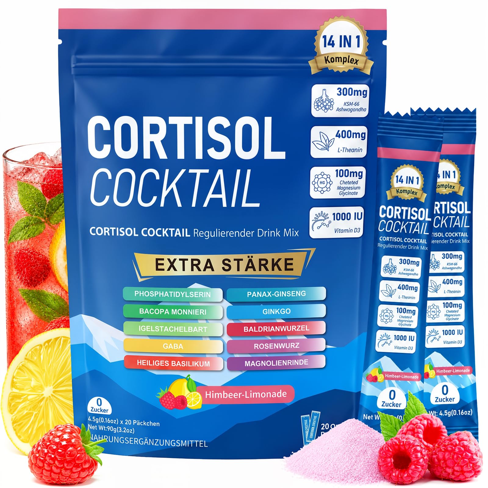 14-IN-1 Cortisol Cocktail Pulver – 20 Stück, Cortisol Senken Pulver zum Abnehmen – Super Calm Cortisol Formel mit Ashwagandha, L-Theanin, Magnesium – Für Cortisol Balance, Stressabbau, Fokus & Schlaf