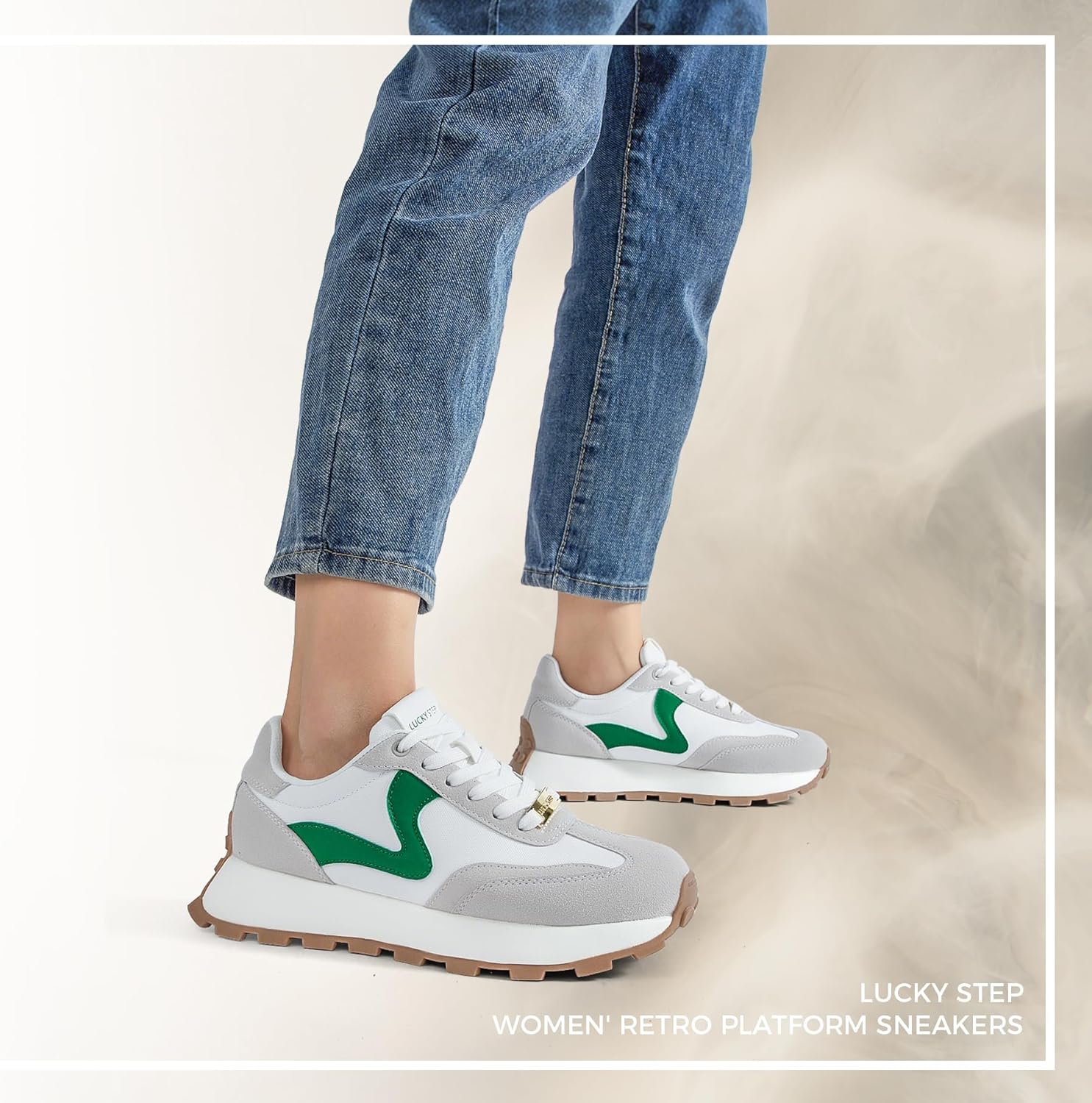 LUCKY STEP Women's Platform Retro Sneakers Classic Tennis Fashion Casual Anti-Slip Lace-up Walking Shoes Running Trendy Color Block Green Footwear - Image 9