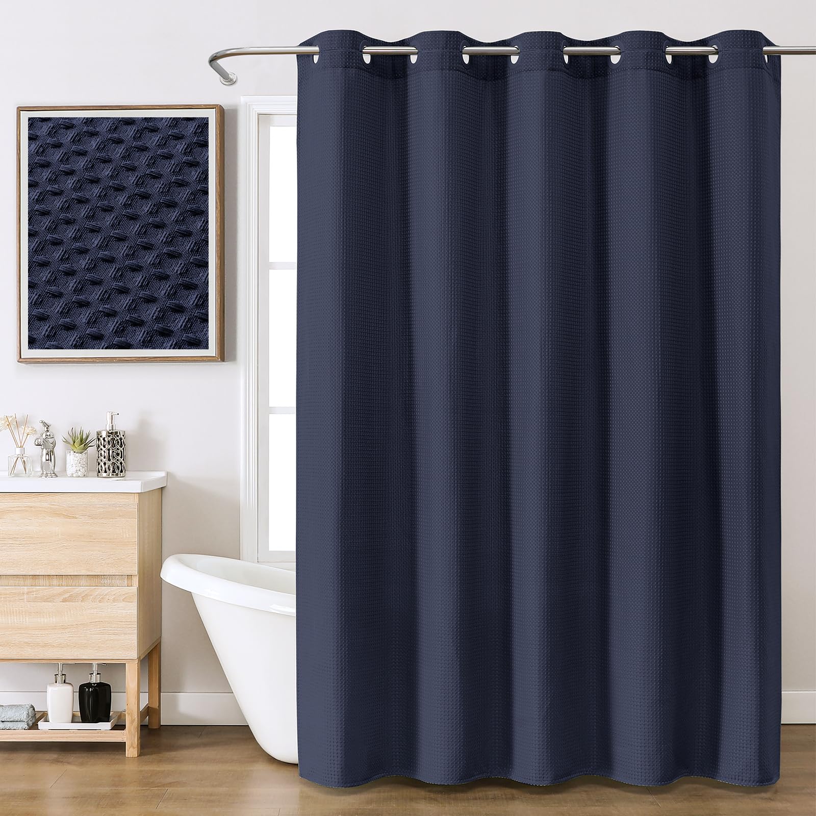FY&XZH No Hook Waffle Shower Curtain with Laminated Waterproof Backing,Hotel Style Bath Curtain with Built-in Grommets, Machine Washable Thickened Fabric Shower Curtain for Bathroom,72W x 75H, Navy