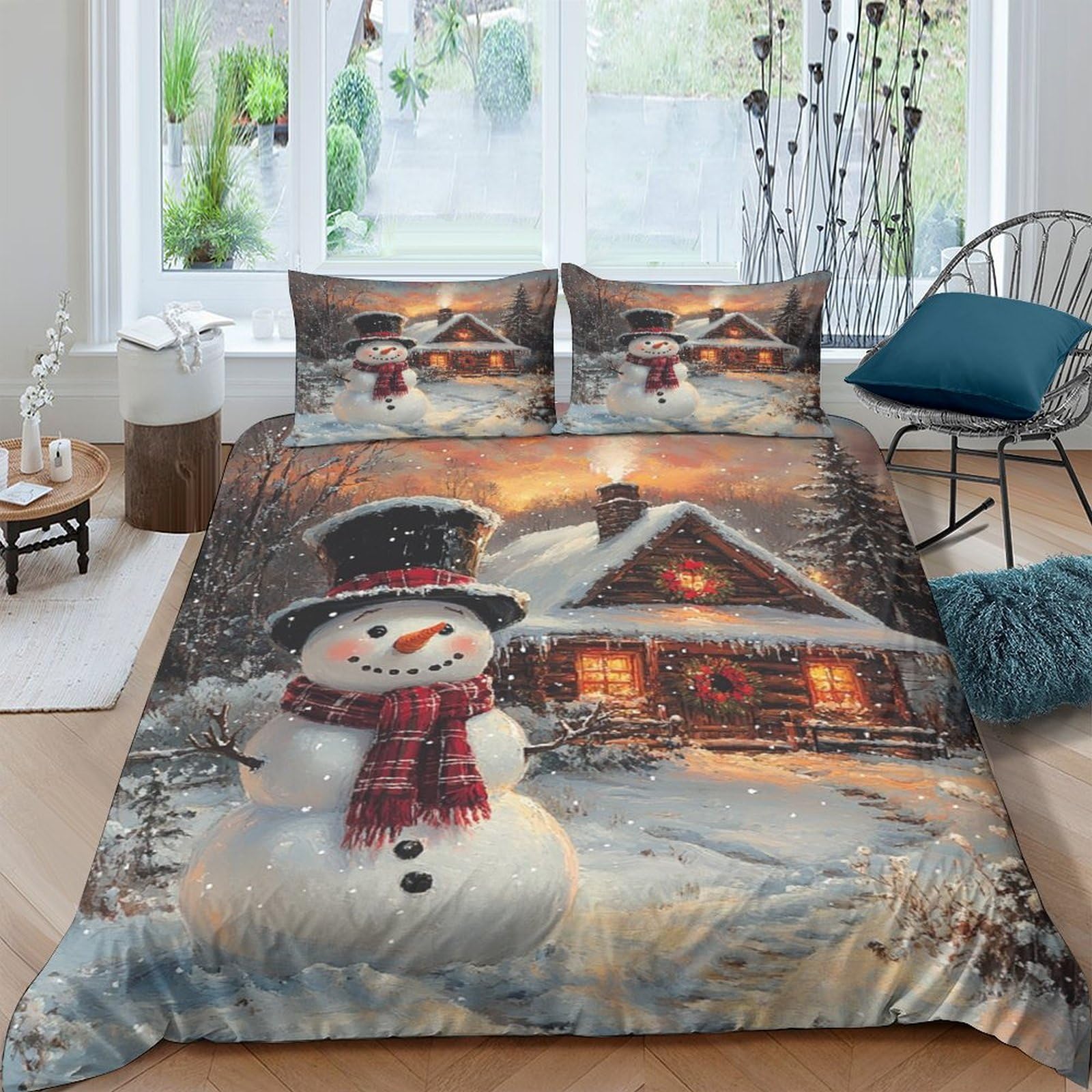 Ctjqhvkz Style-7 3D Printed Snowman Winter Cabin Fitted Sheet Microfiber Soft Mattress Cover For Bedroom Guest Room Dustproof Decor Single（135X200cm）