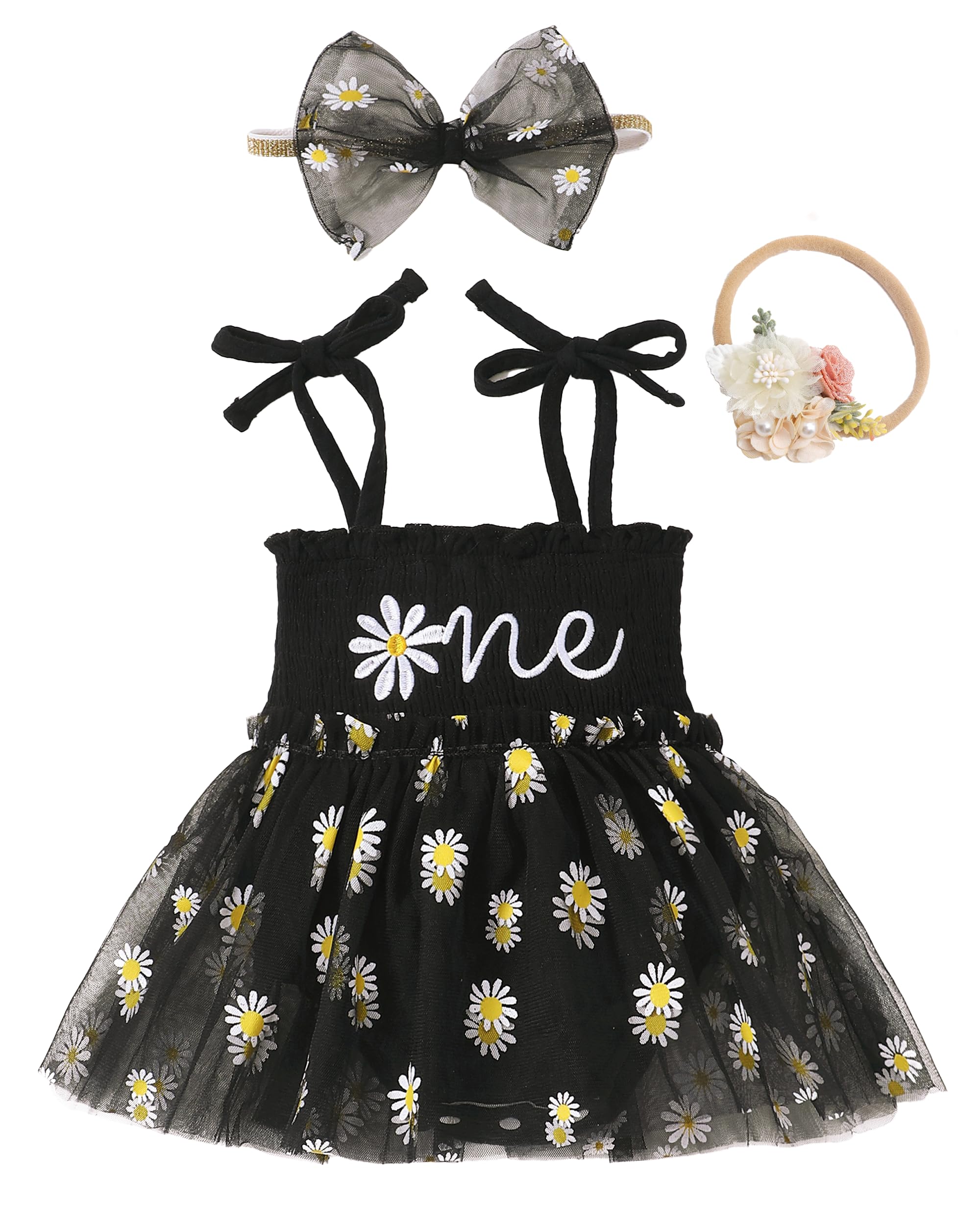 Renotemy Baby Girl Tulle Dress Sleeveless Romper Smocked Halter 1st Birthday Clothes Cake Smash Outfits with Flower Headband