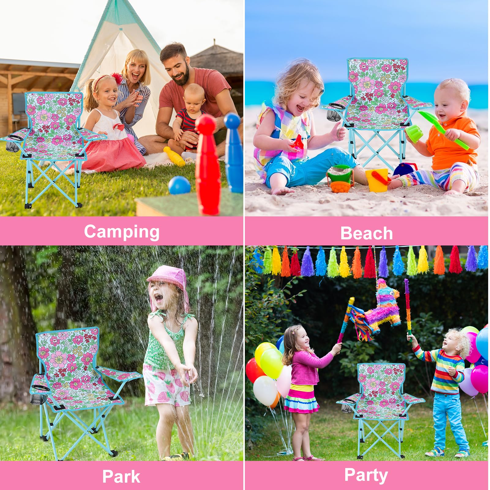 Chaise de camping pliable pour enfant - Avec porte-gobelet - Pour pique-nique, camping, pêche, extérieur (fleurs)