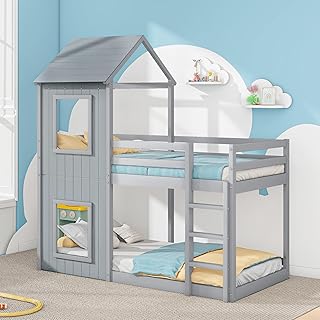 Bunk Beds for Kids, 3FT Single Bed Mid Sleeper for Children with Treehouse Canopy & Ladder, Kid’s Single Wooden Bunk Beds, Bed for Children’s Bedroom Furniture Gray