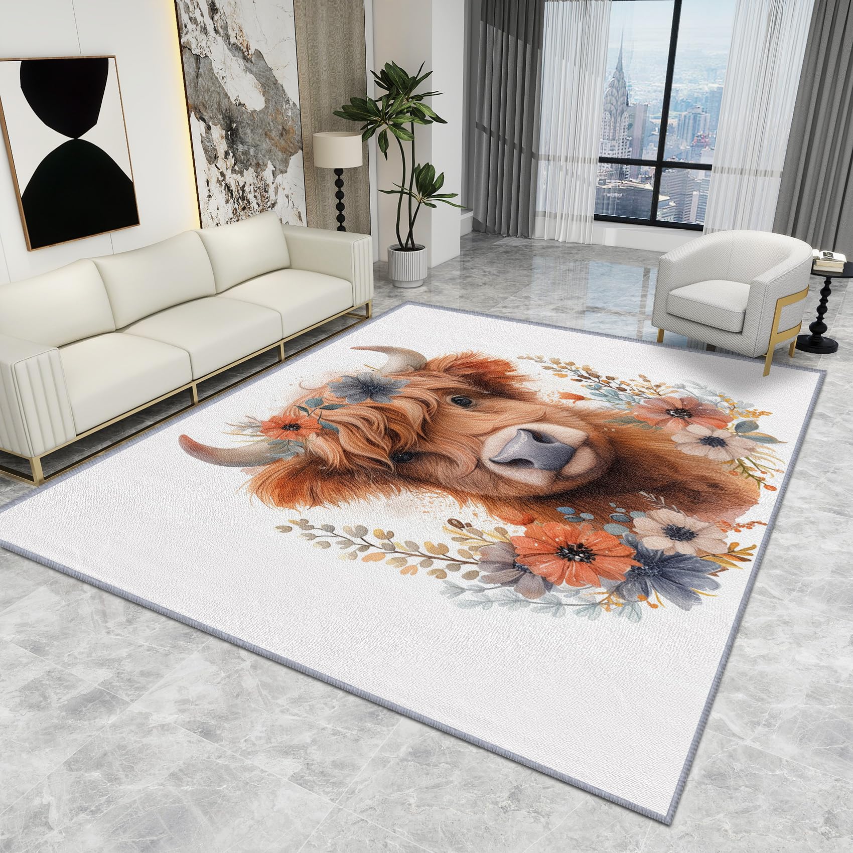 Highland Cow Print Rug - Highland Cow Rug - Cute Farm Animal Floral Rugs, Kids Nursery Baby Carpet, Washable Rug Non Slip Low Pile Soft Large Area Rugs, Highland Cow Home Decor Gifts, 120 X 170 cm