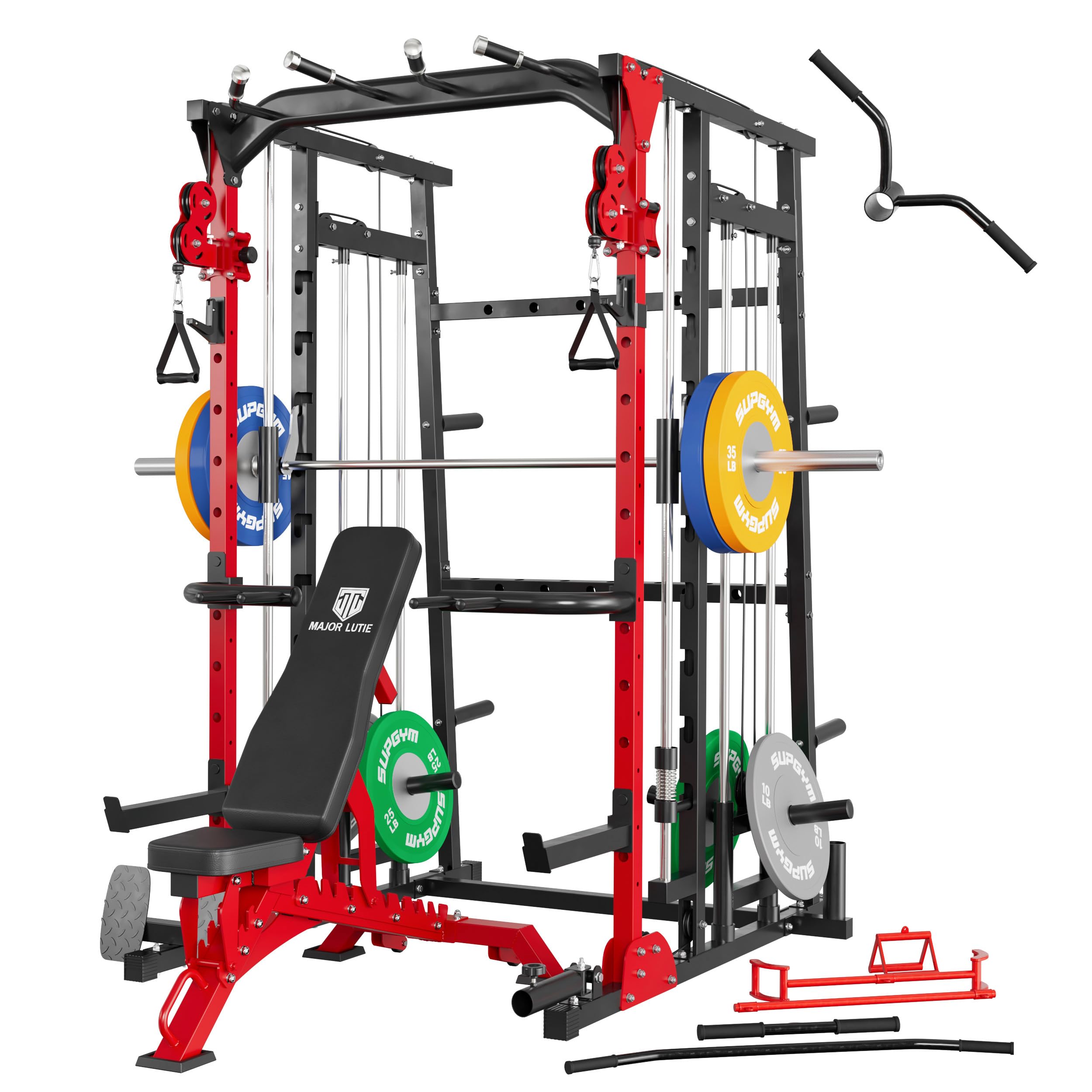 MAJOR LUTIE Smith Machine with Olympic Plates(230LBS)-Colored & Bench, SML07 All-in-One Home Gym Power Cage with Smith Bar and Two LAT Pull-Down Systems and Cable Crossover Machine-R
