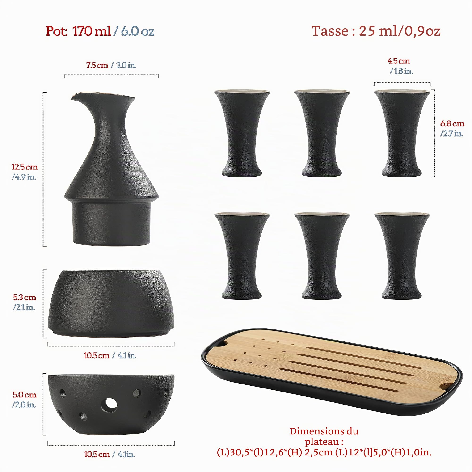 TEANAGOO Ensemble de saké japonais traditionnel, carafe à saké (170 ml) avec 6 tasses à saké (25 ml) pour liqueur de soju japonaise avec plateaux de service en bambou 10 pièces/ensemble