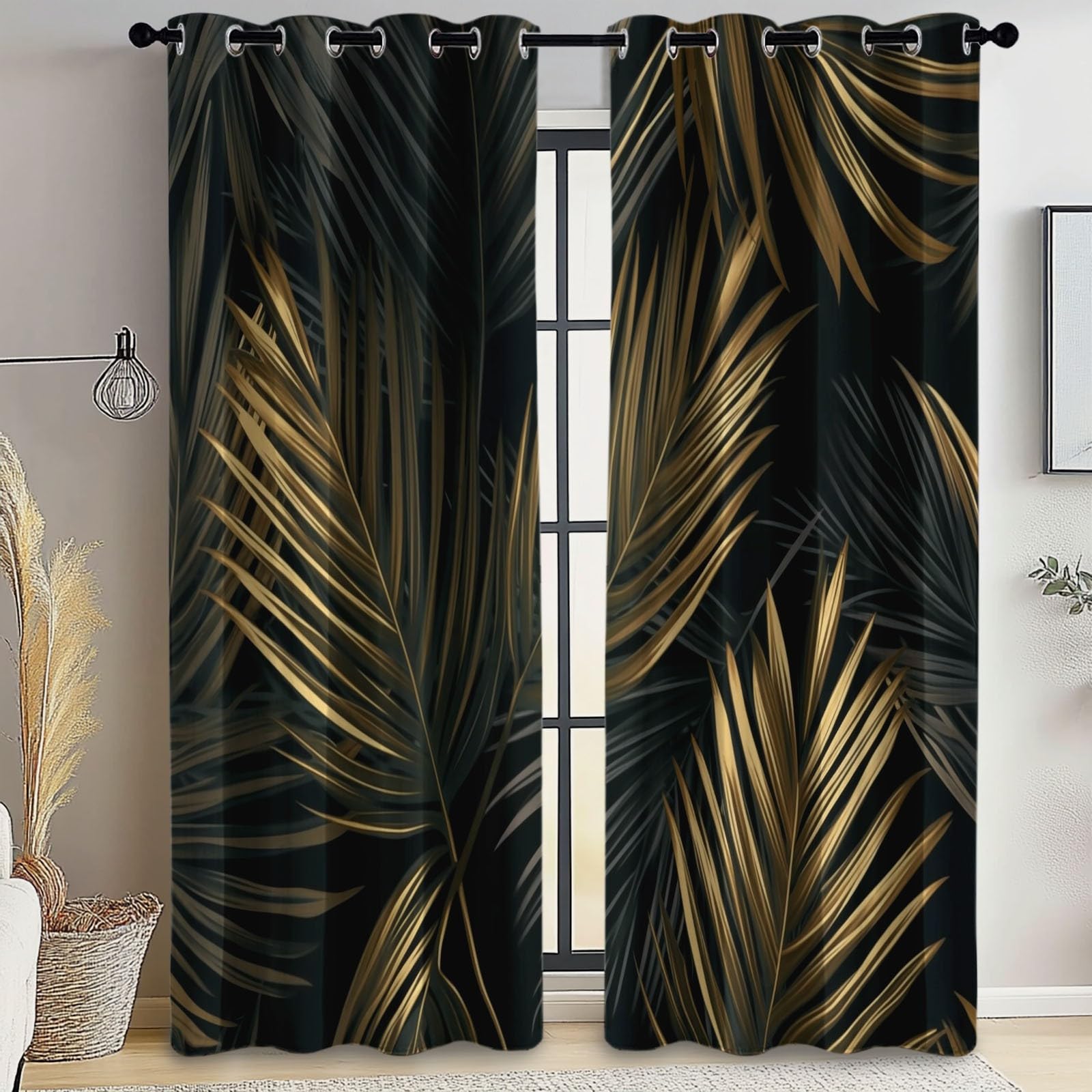 Wärmeisolierende Verdunkelungsvorhänge H166 x B75 cm (2er Set), Pflanzen Palmblätter, Schützende Ösenschals für schmale Fenster, Schwarz Gold