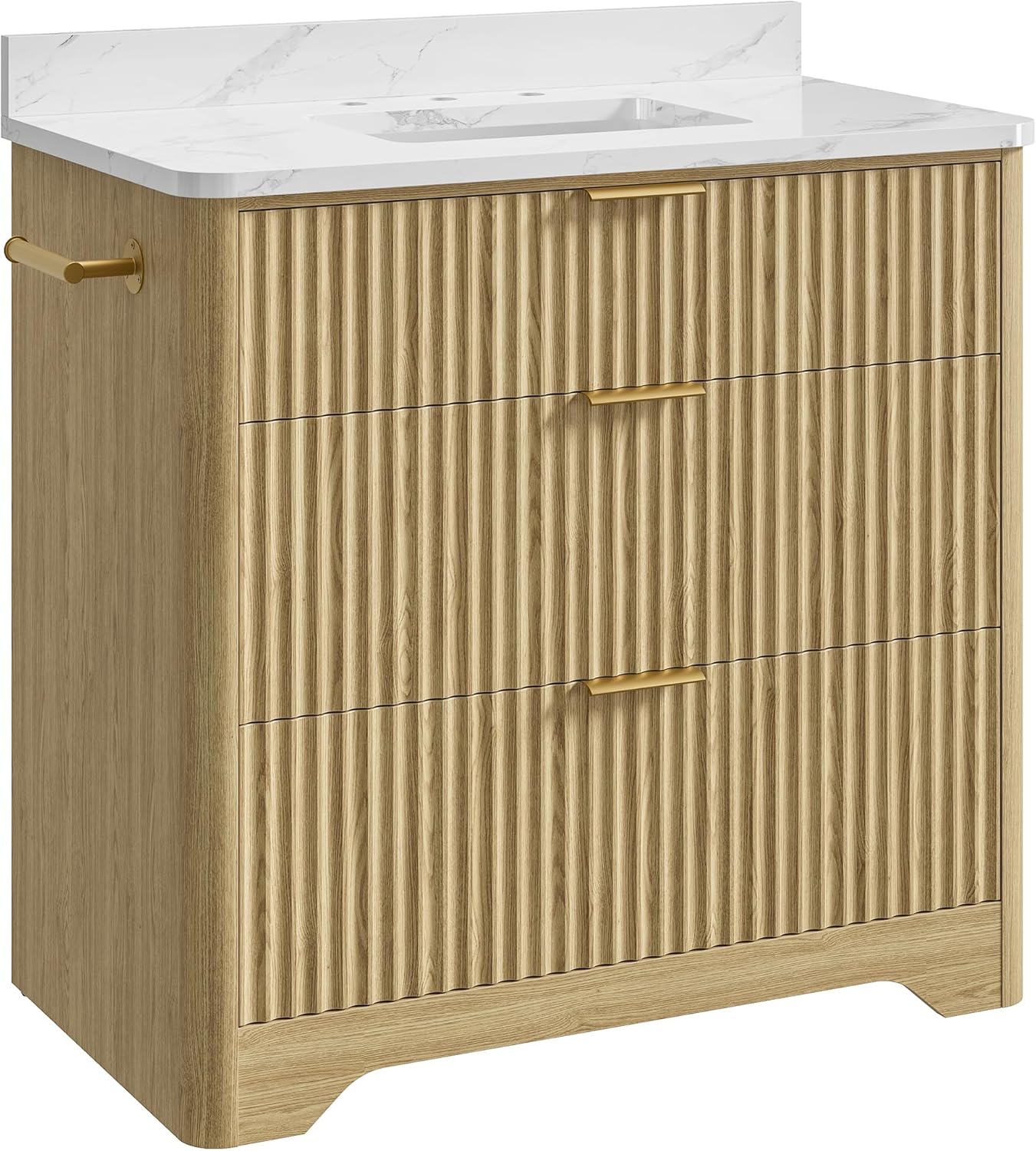IRONCK 36 inch Bathroom Vanity with Ceramic Sink, Freestanding Wood Grain Sink Cabinet with 3 Storage Drawers (2 Standard + 1 Flip-Down), Farmhouse